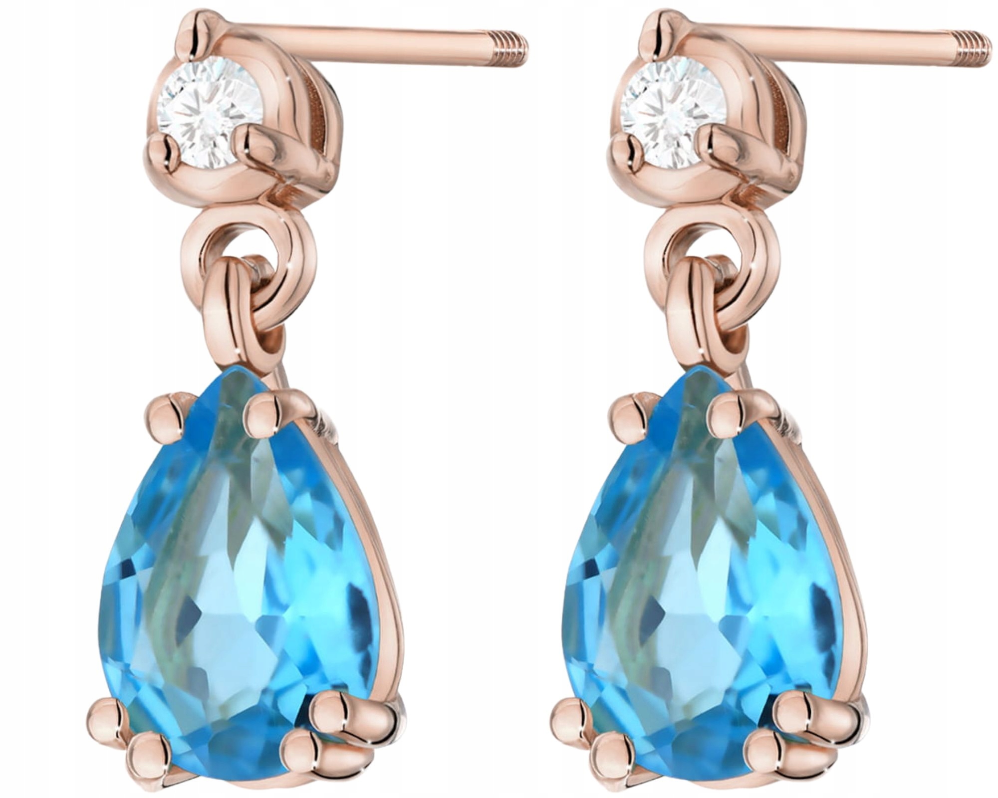Náušnice Z Růžového Zlata S Topazem A Diamanty, Šroubovací Tyčinka Gravírování 585