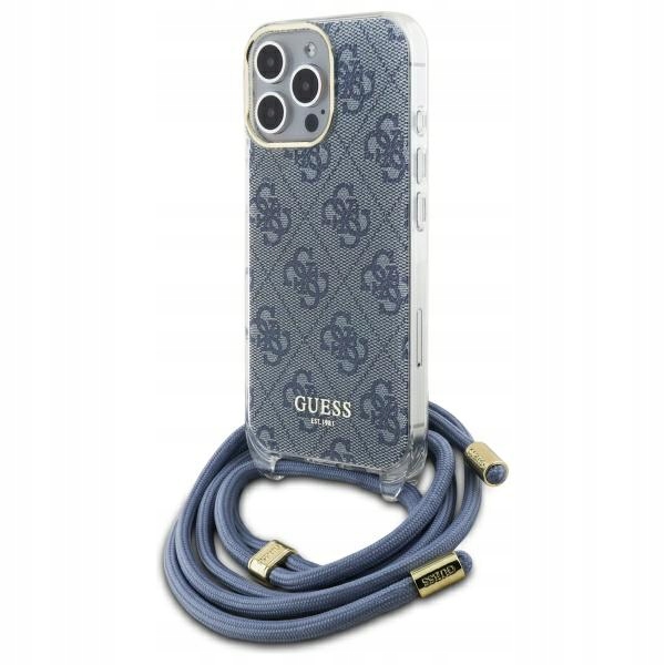 Pouzdro Guess pro iPhone 16 Pro Max 6.9" modré Crossbody Cord 4G Print
