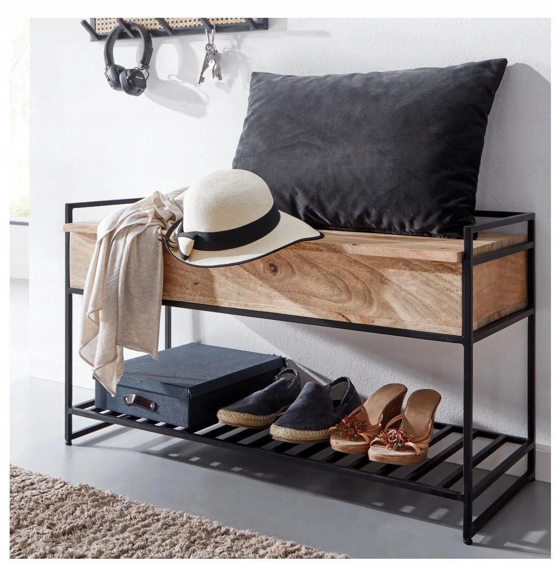 Predsieňová lavička na topánky s úložným priestorom, masívne mangové drevo kov