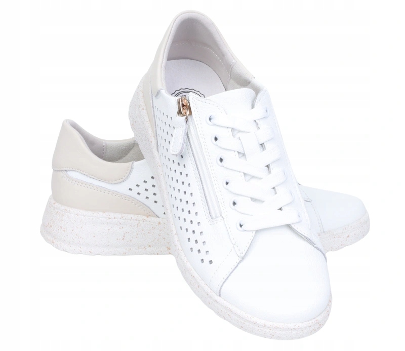 Białe półbuty damskie ze skóry naturalnej na zamek i sznurowadła Barefoot