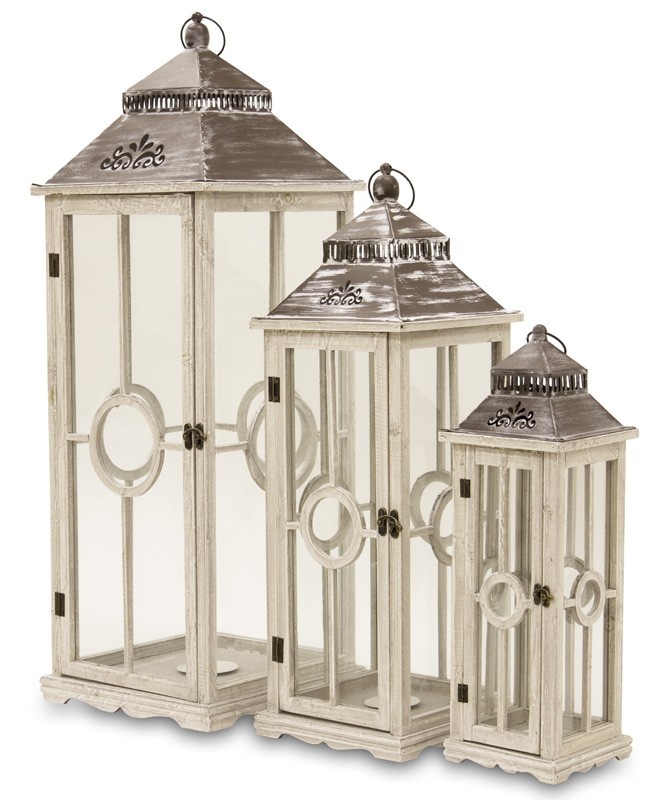 3 x Drevený Lampáš , sivo-hnedá lampiónová sada, dekorácia Provence