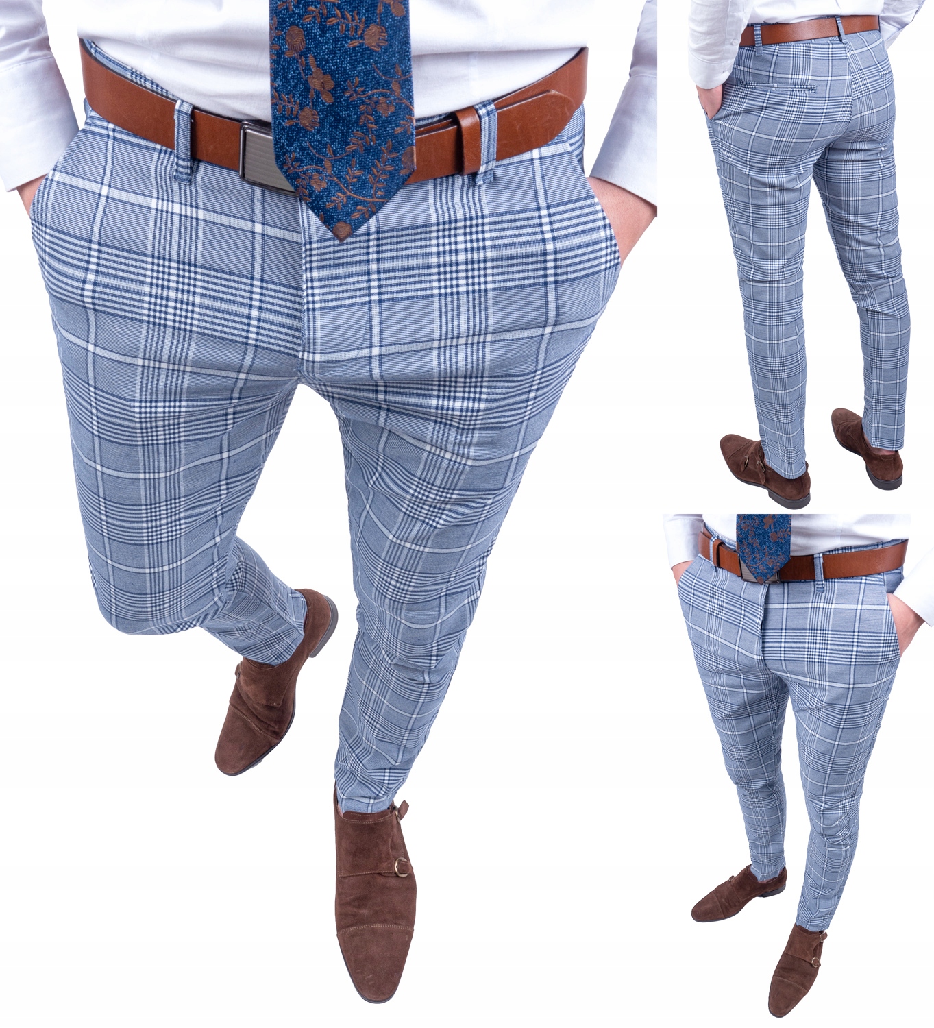 Spodnie męskie eleganckie niebieskie w krate - 33