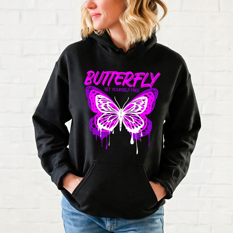 Černá mikina s kapucí Dámská Set Yourself Free Motivační vzory Vel S