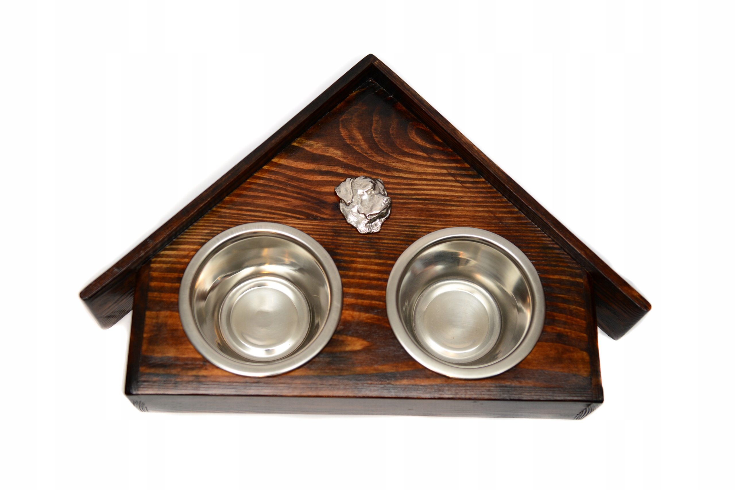 Levně Stojan s miskami pro psa, masivní dřevo, ocelové misky, ručně vyráběný Rottweiler