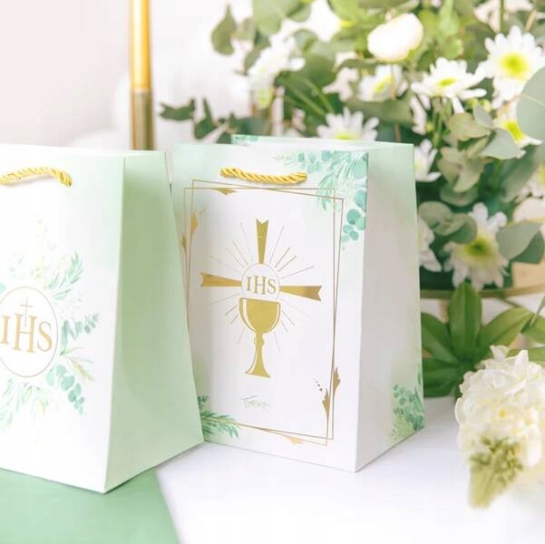 TORBA TOREBKA PREZENTOWA ZŁOTY KIELICH IHS KOMUNIA 15X20X10 CM Okazje komunia
