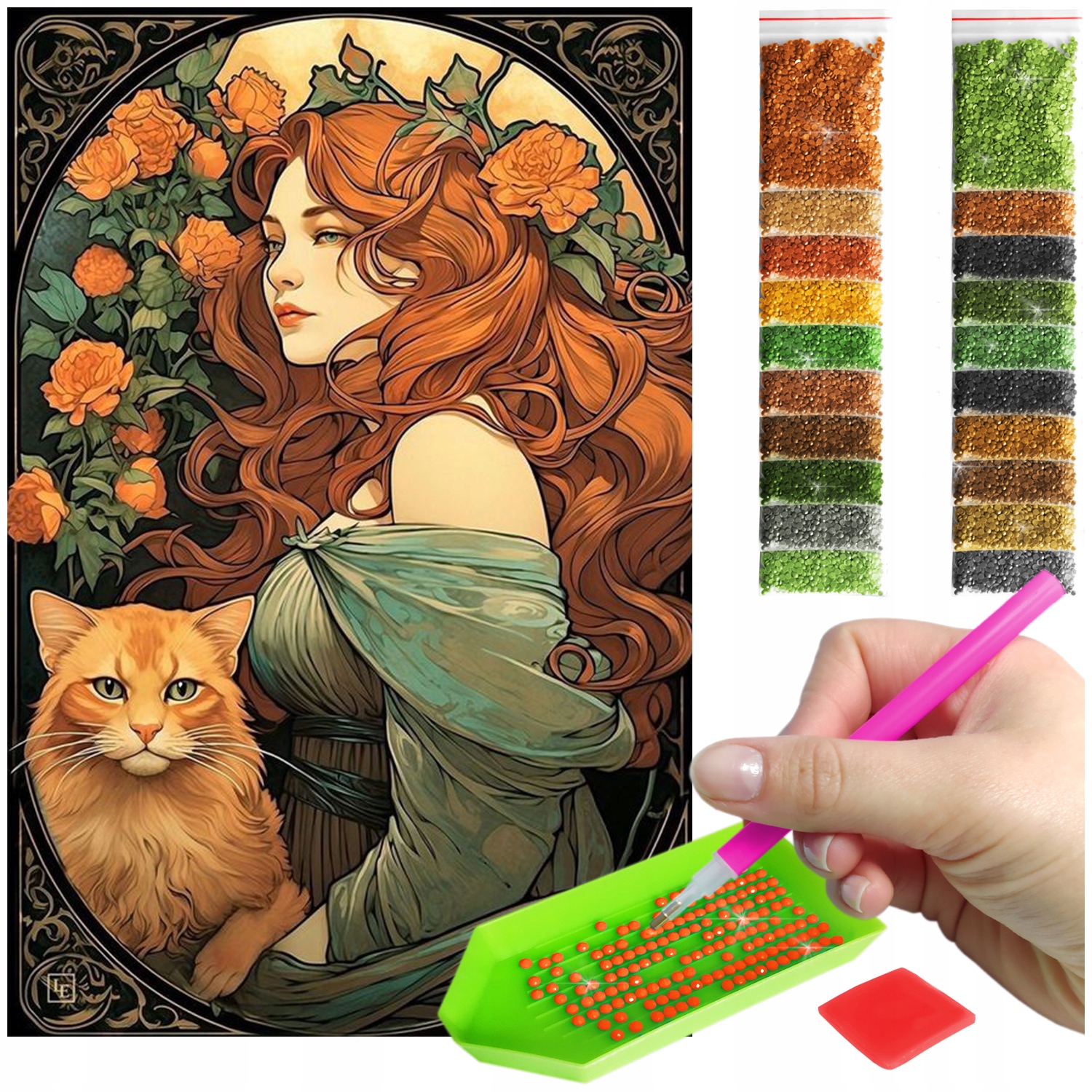 Výšivka Diamantová Diamond Painting mozaika žena s kočkou sada příslušenství