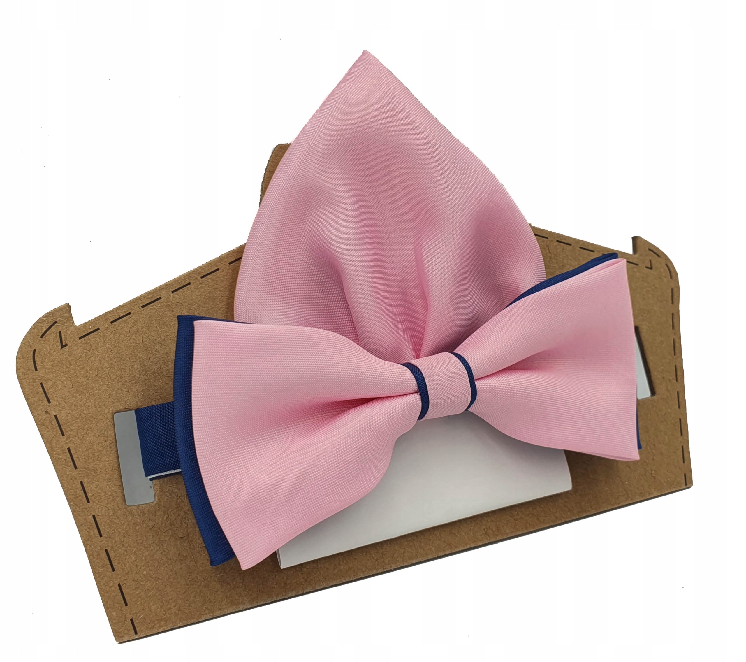 Różowo granatowa matowa mucha z wypustką, poszetką Wzór dominujący bez wzoru