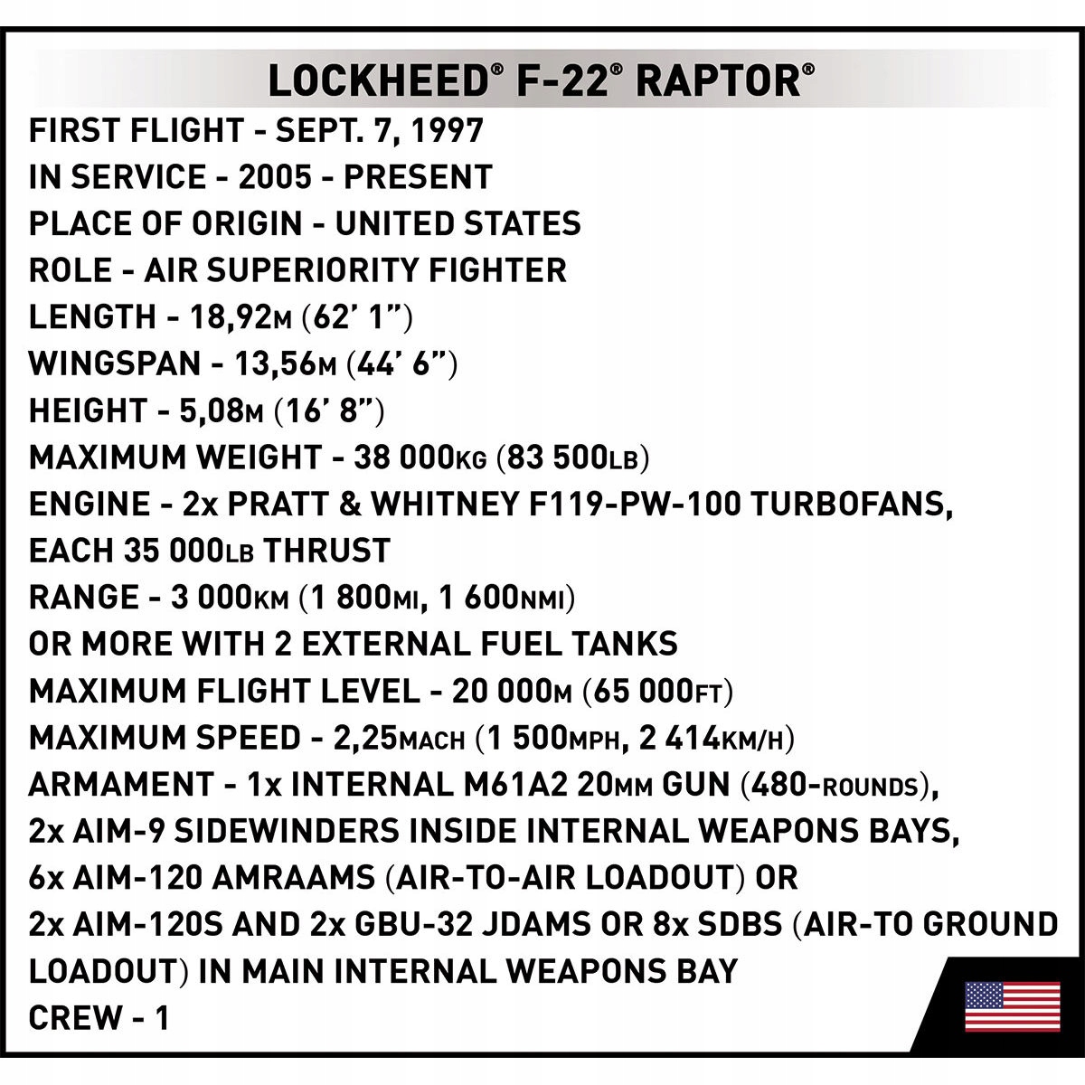 KLOCKI COBI-5855 SAMOLOT LOCKHEED F-22 RAPTOR 695 KL. Rodzaj zestaw