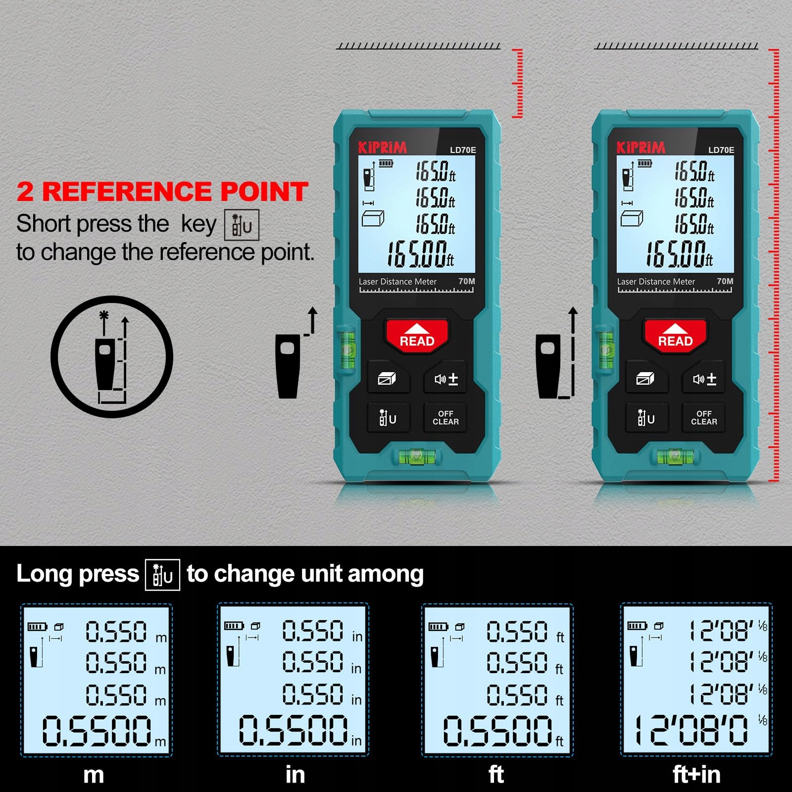 KIPRIM Laserowy Dalmierz 70m Wysoka Dokładność LCD ft/m/in Kompaktowy — miniatura 5