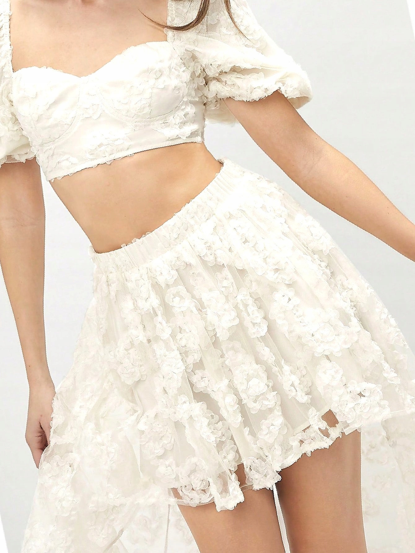 Komplet Top Sukně Crop s květinami 3D s delším zadním dílem Letní s M