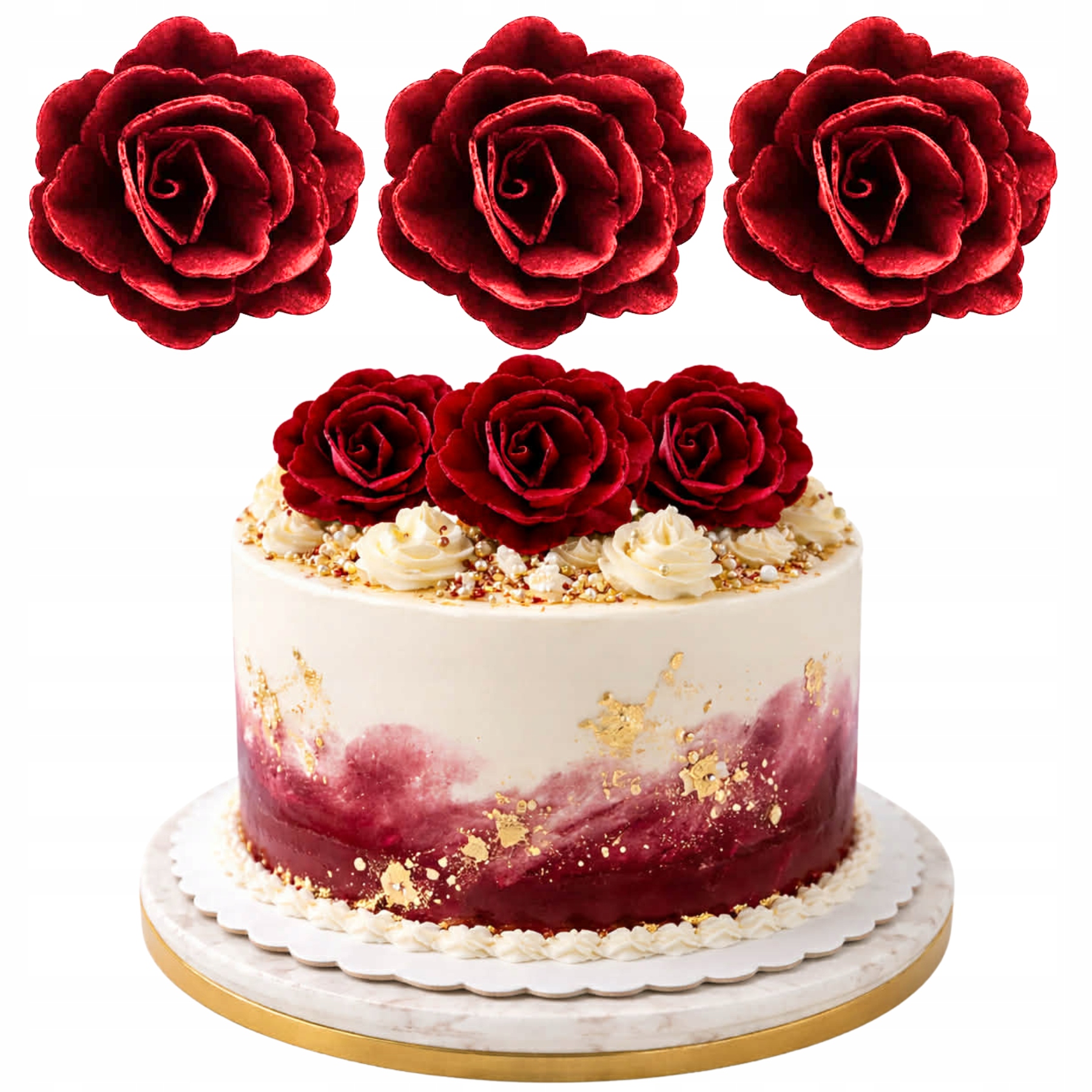 Kwiaty na tort róża waflowa jadalna 3 sztuki burgund waflowe tortu róże