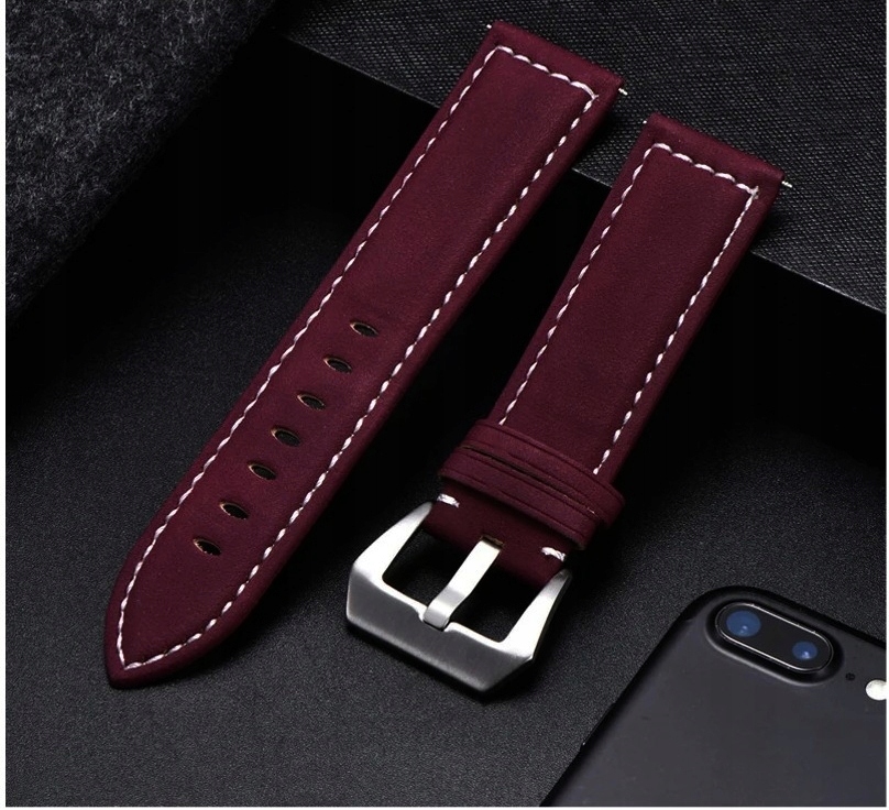 Pasek do męskiego damskiego smartwatcha 22 mm bordo burgund naturalna skóra