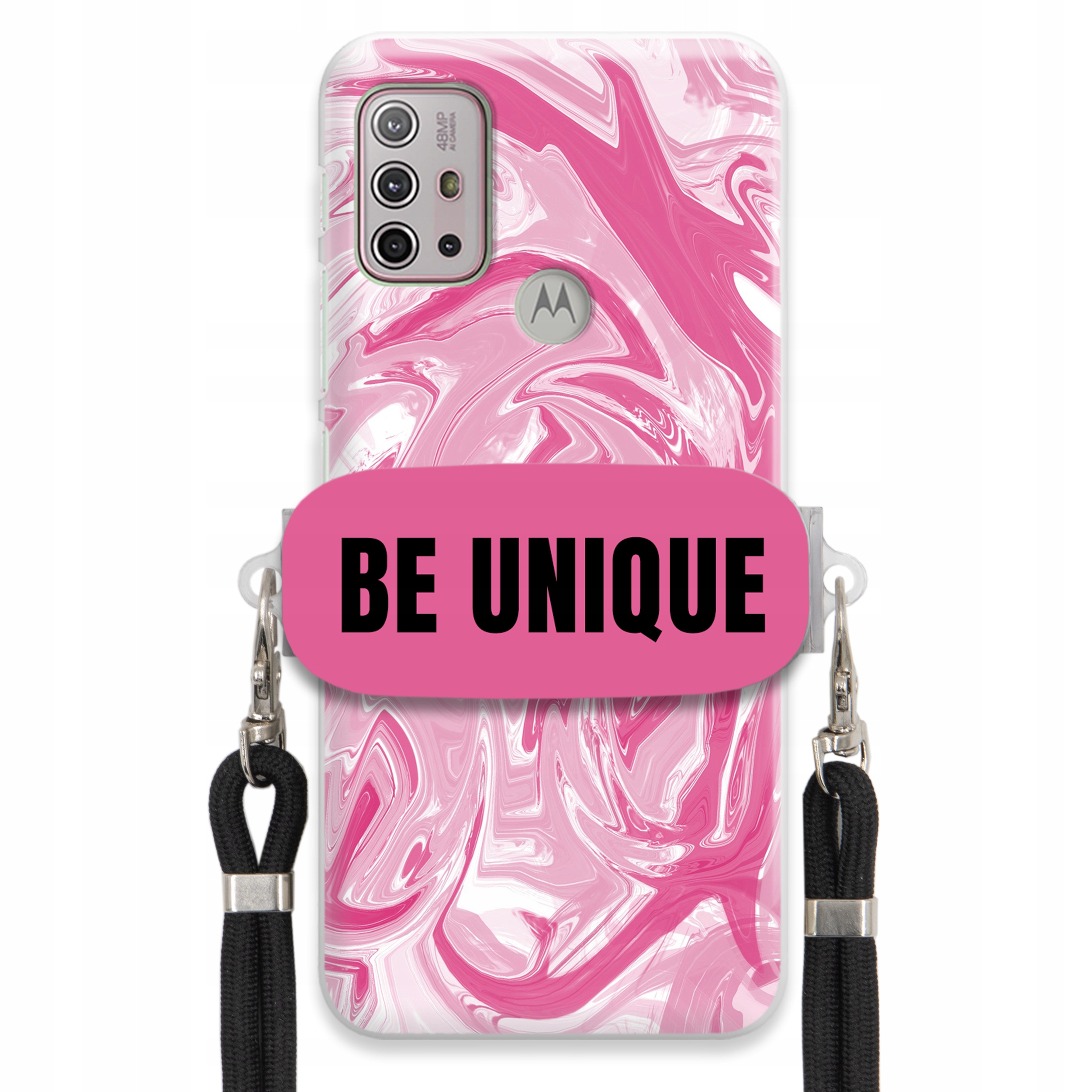 Puzdro pre Motorola G20 držiak na šnúrku Čierna Ružová Mramor Be Unique