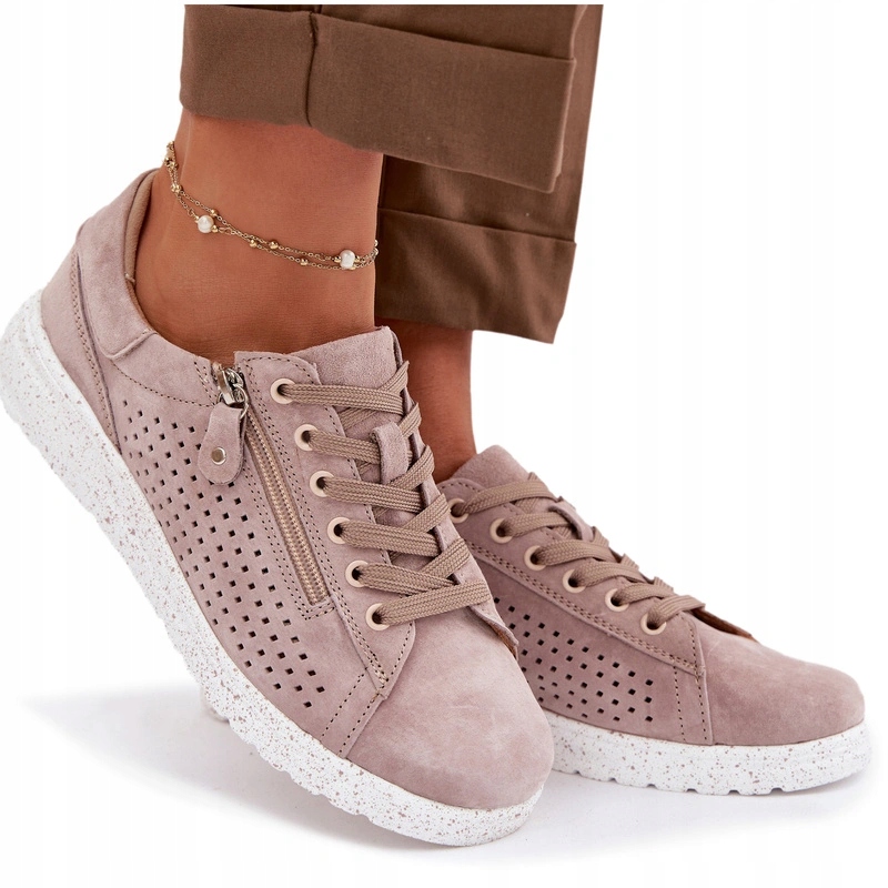 Półbuty Sneakersy Damskie Zamsz Ażurowe Lekkie Na Zamek Beżowe 40