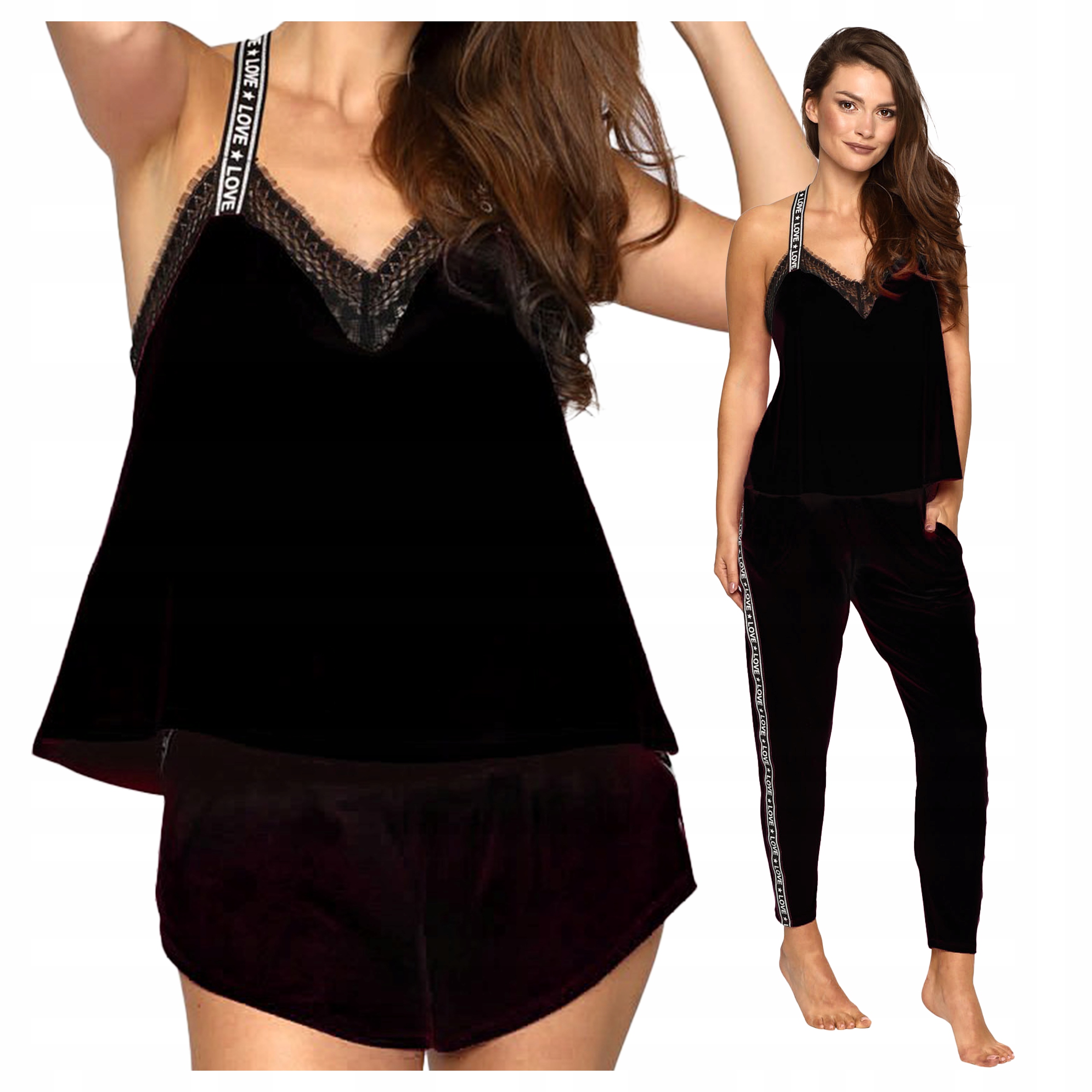 3dílné pyžamo z viskózy – halenka s dlouhým rukávem a krátké šortky, černé, velikost M