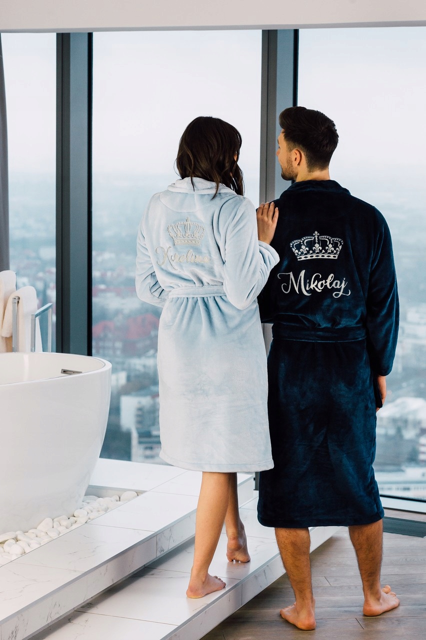 Sada vyšívaných županů, dárek pro páry, světle modrá námořnická modrá teplá, silná