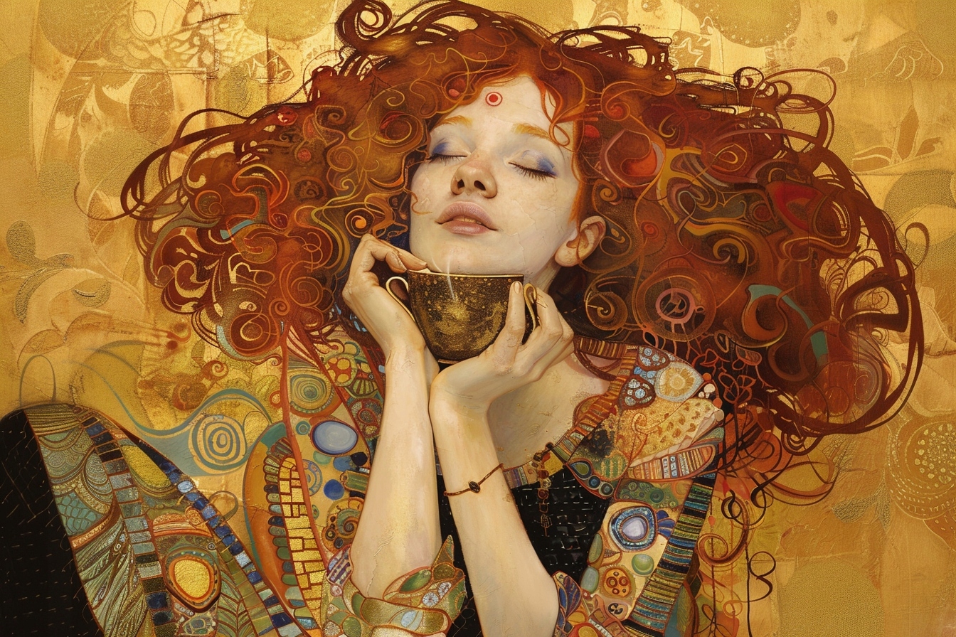 Obraz Na Plátně Canvas Portrét Ruda Žena Káva Umění Nouveau Klimt 120x80
