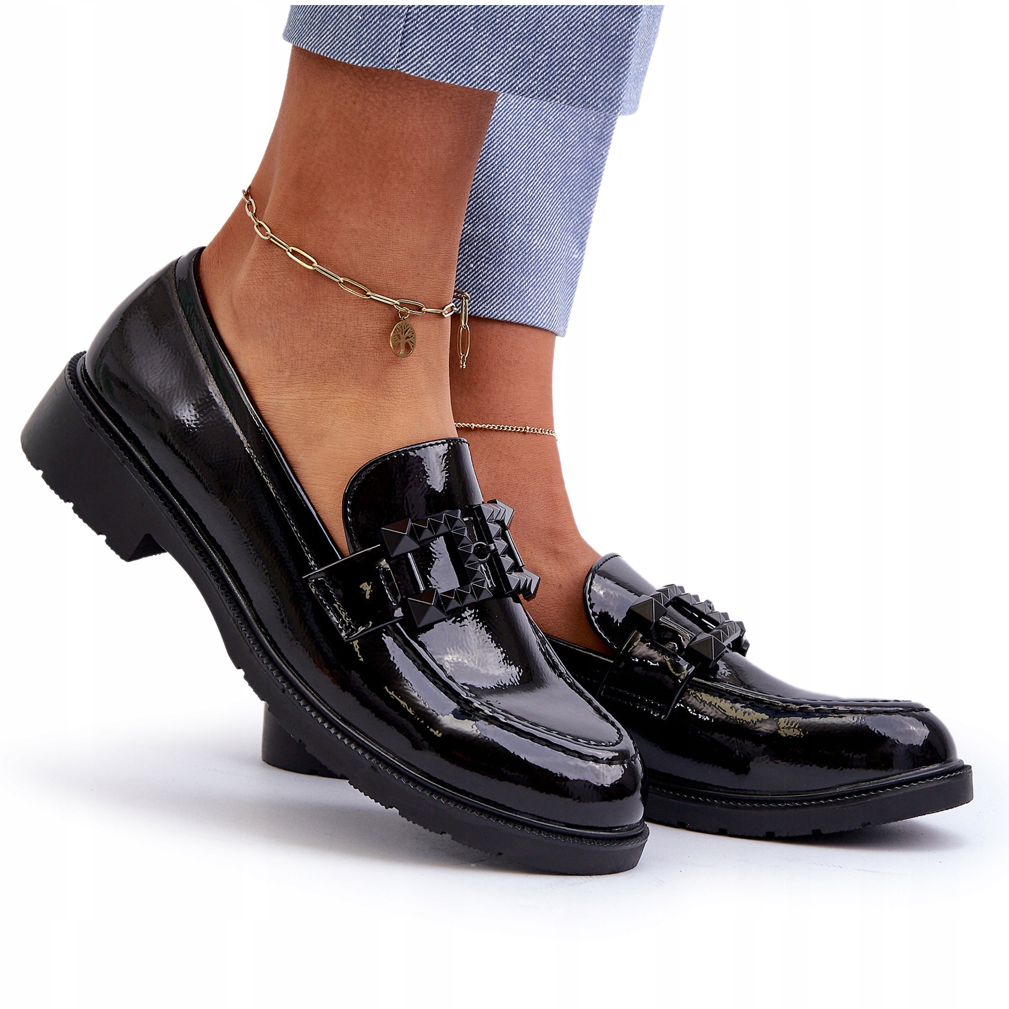 MOKASYNY DAMSKIE LAKIEROWANE Z OZDOBĄ S.BARSKI HY371A CZARNE 41