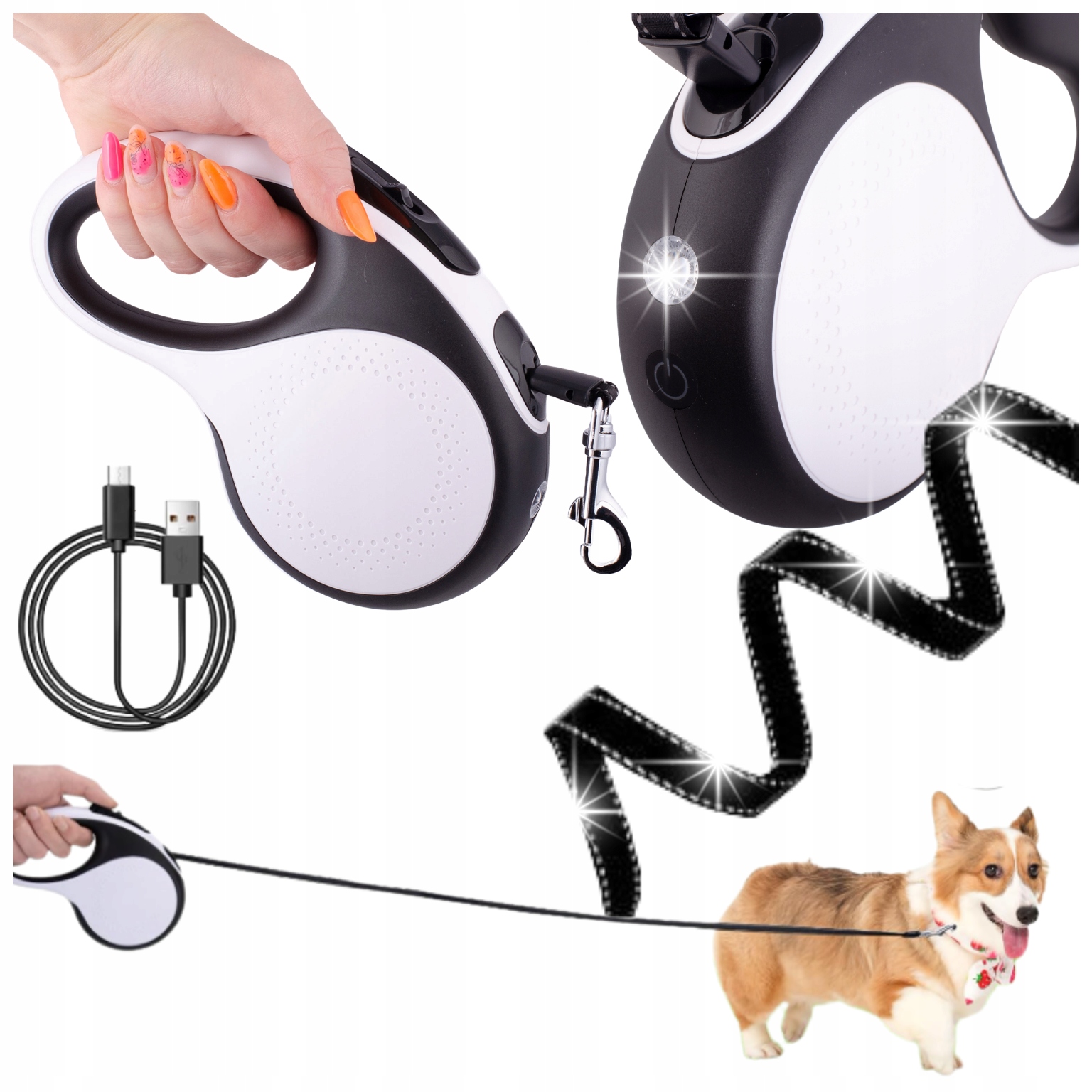 Levně Vodítko Automatická Pro Velkého Psa S Led Svítilnou 5 M Do 20 Kg, Reflexní