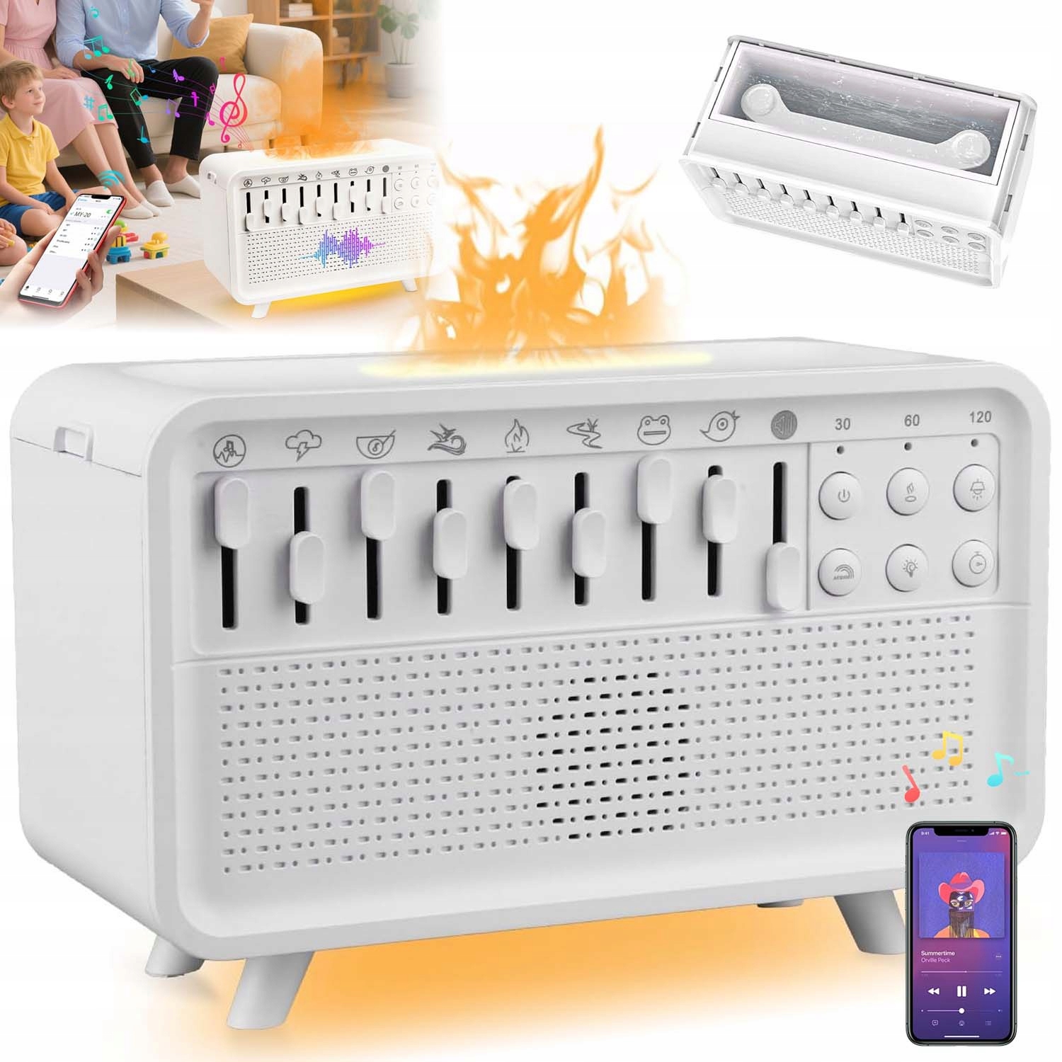 4V1 Zvlhčovač Vzduchu Difuzér Imitace Plamene Bílý Šum Bluetooth