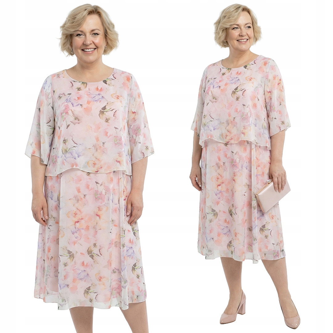 Pudrové šaty s pastelovými květy a velikostí velikost 56