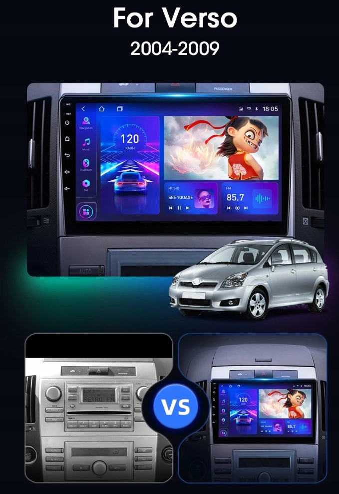 RADIO 2 DIN ANDROID 2GB GPS BT WIFI TOTYOTA COROLLA VERSO 2004-2009 Kod producenta TCV213