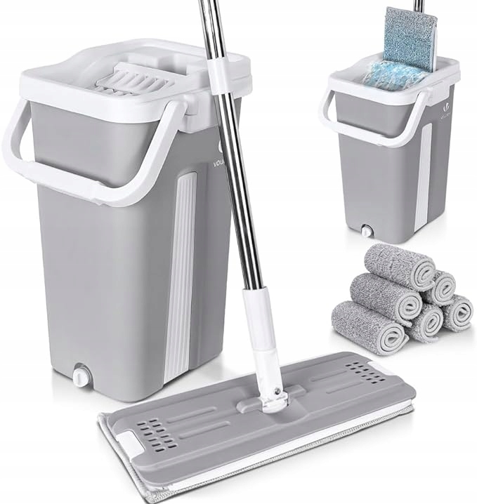Vounot Podlahový mop, sada mopu s kbelíkem pro ždímání 6 náplní barva šedá