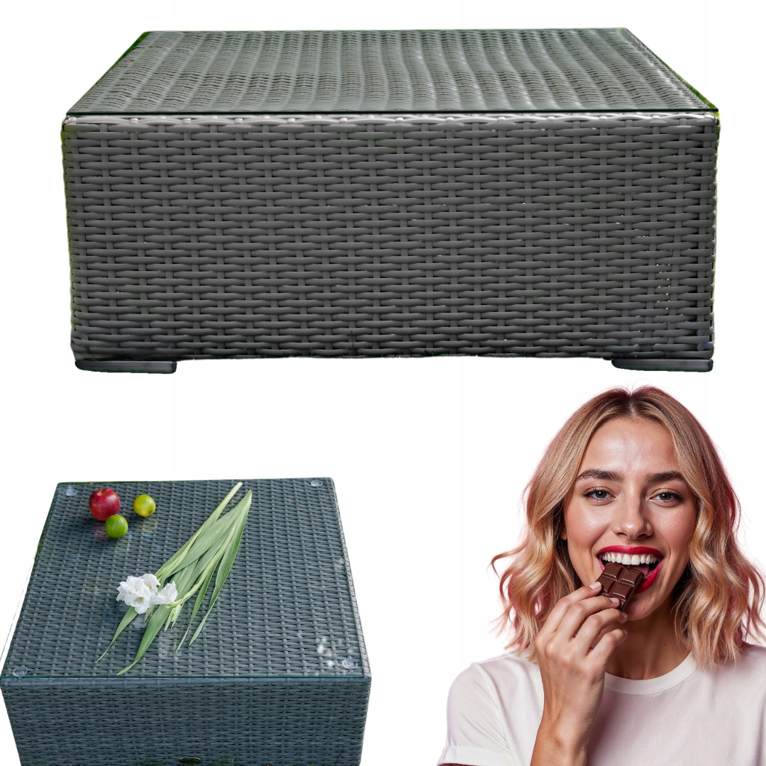 Záhradný stolík Šedý Technorattan Stolík na terasu Sklenená doska 70x70x30