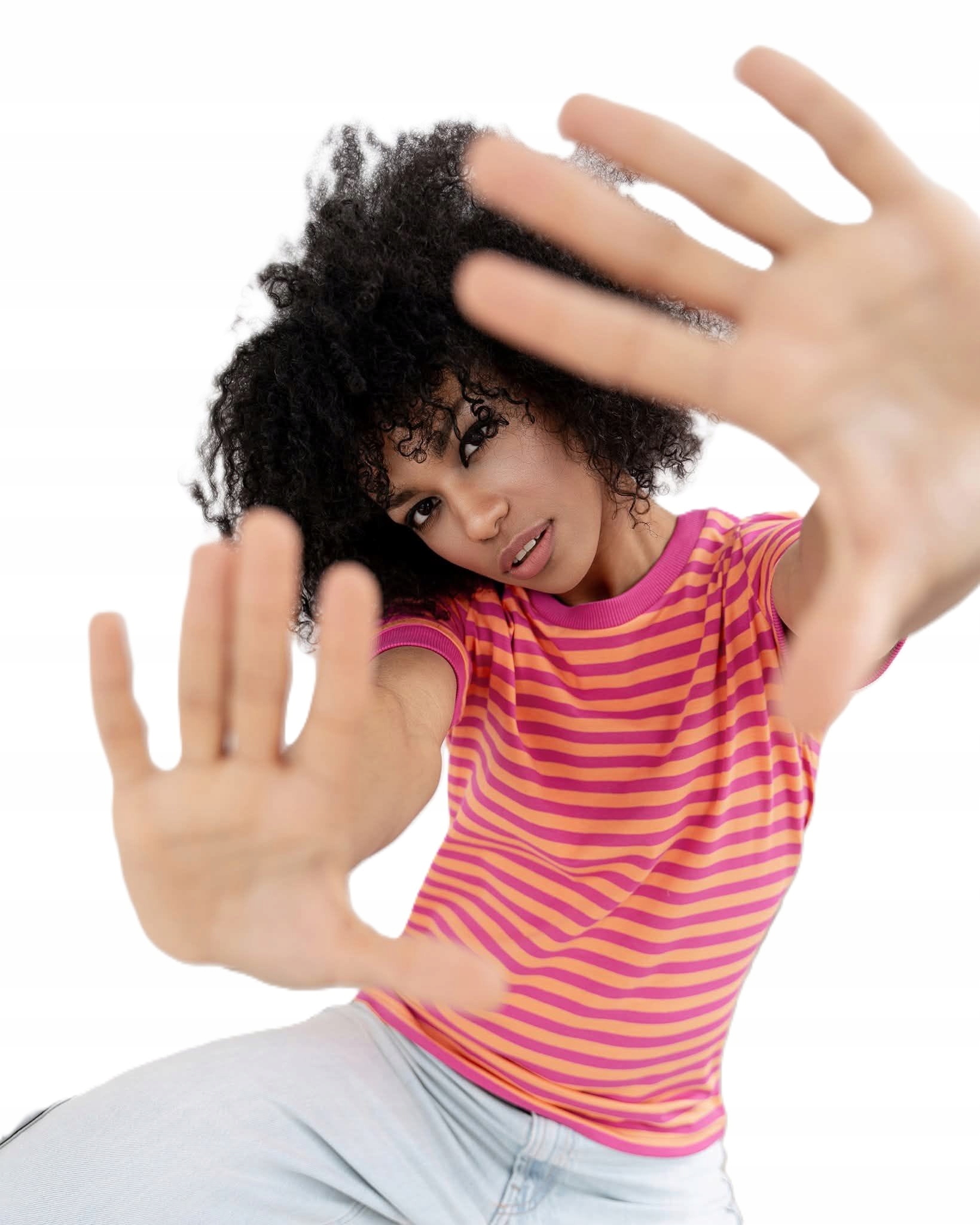 T-shirt damski w paski fuksja pomarańczowy Bopoco [rozmiar 40 L, Kolor