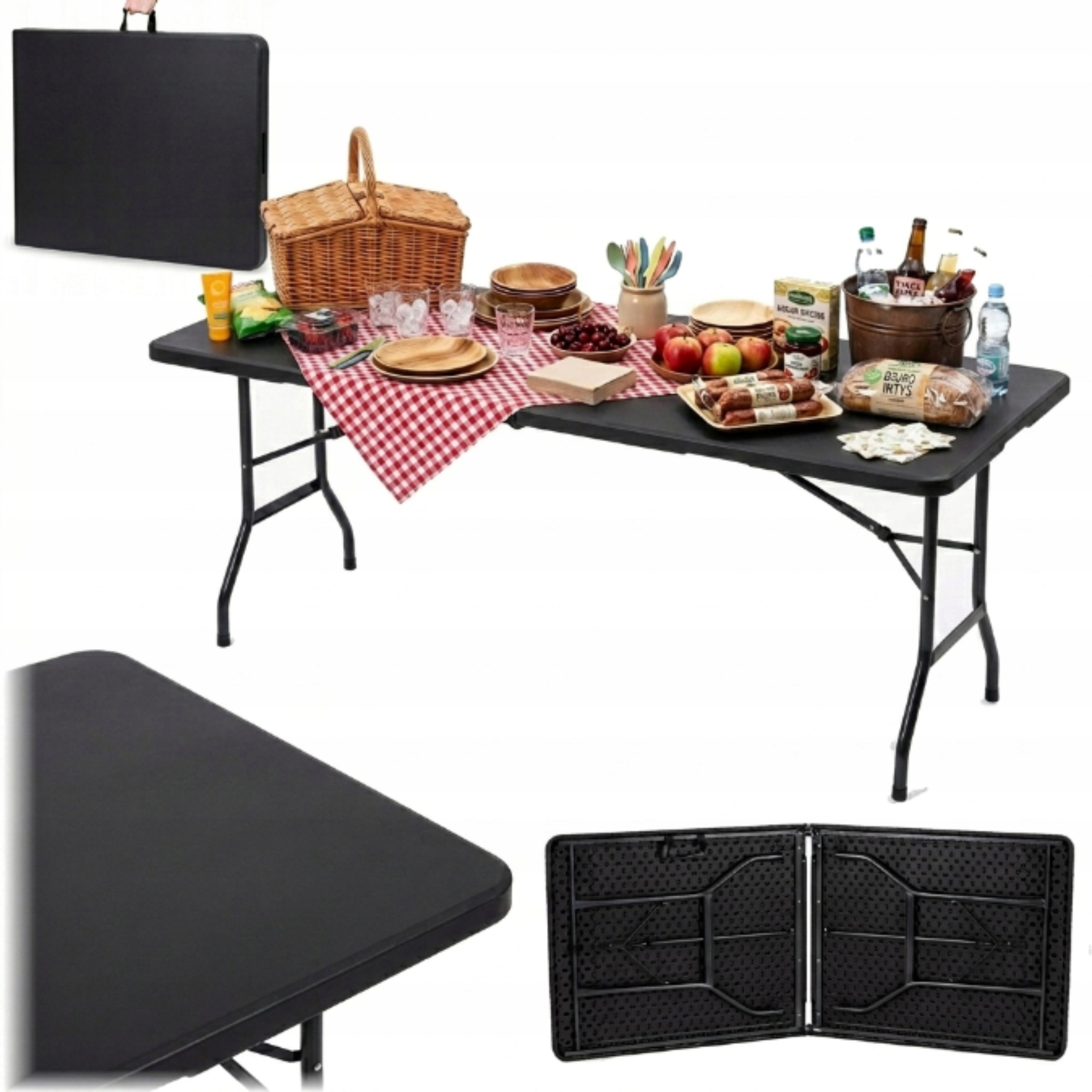 Stół Cateringowy Składany W Walizkę Ogrodowy 180x74cm Czarny Hdpe Przenośny
