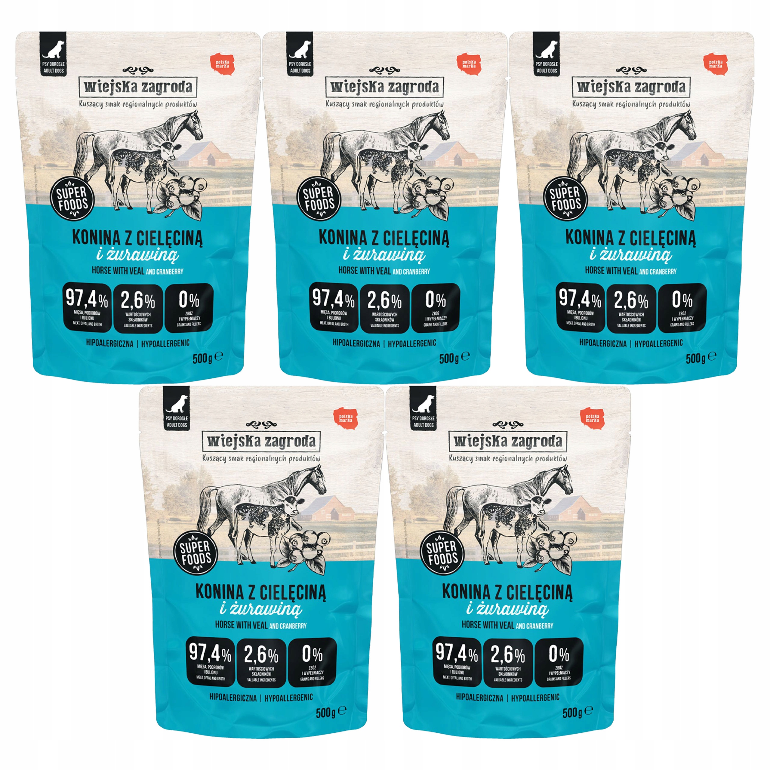 Wiejska Zagroda krmivo pro psa Konina s telecím masem 5 x 500 g