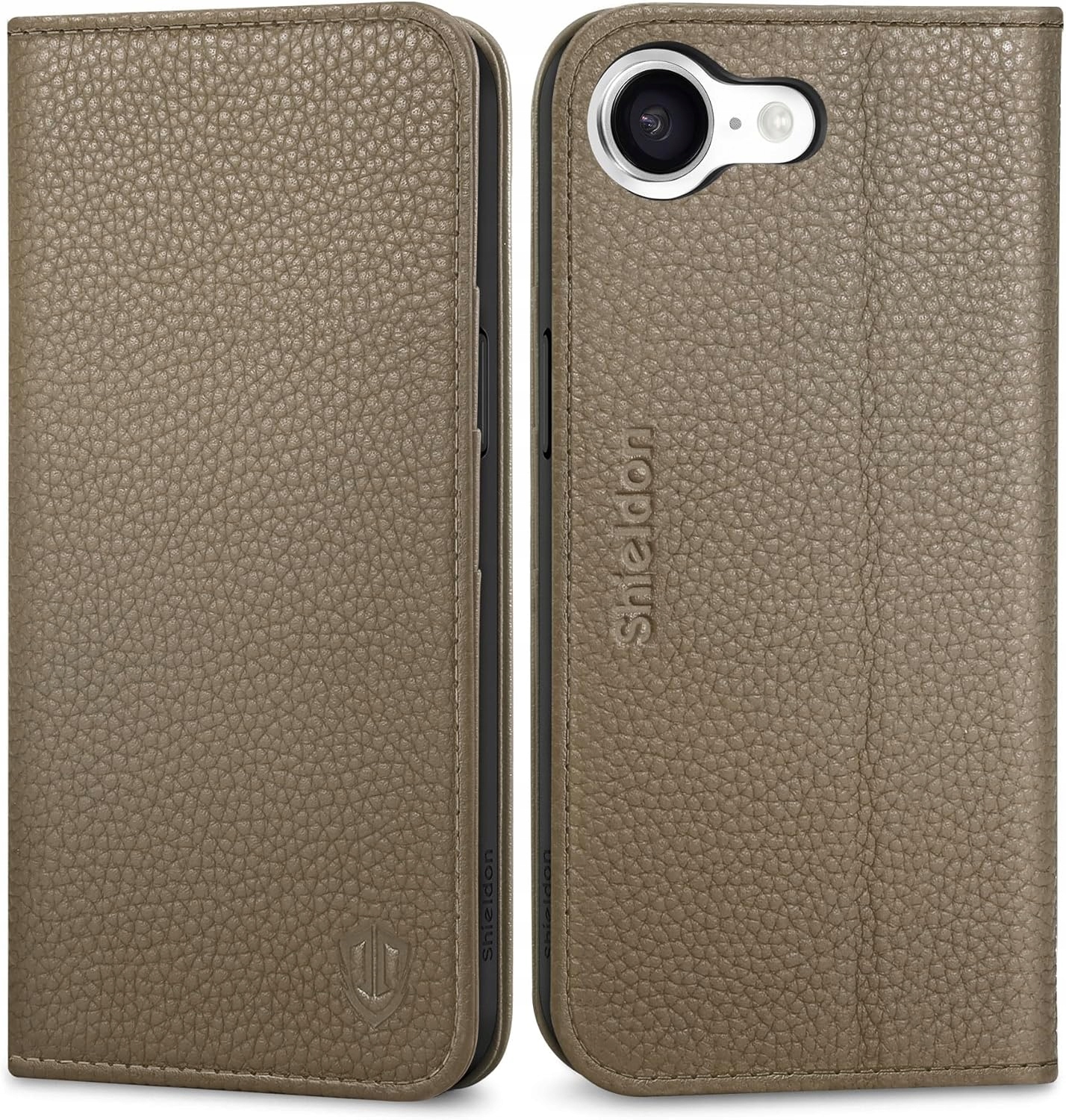 Flipové pouzdro Kožená peněženka Shieldon pro Apple iPhone 16e hnědá Khaki