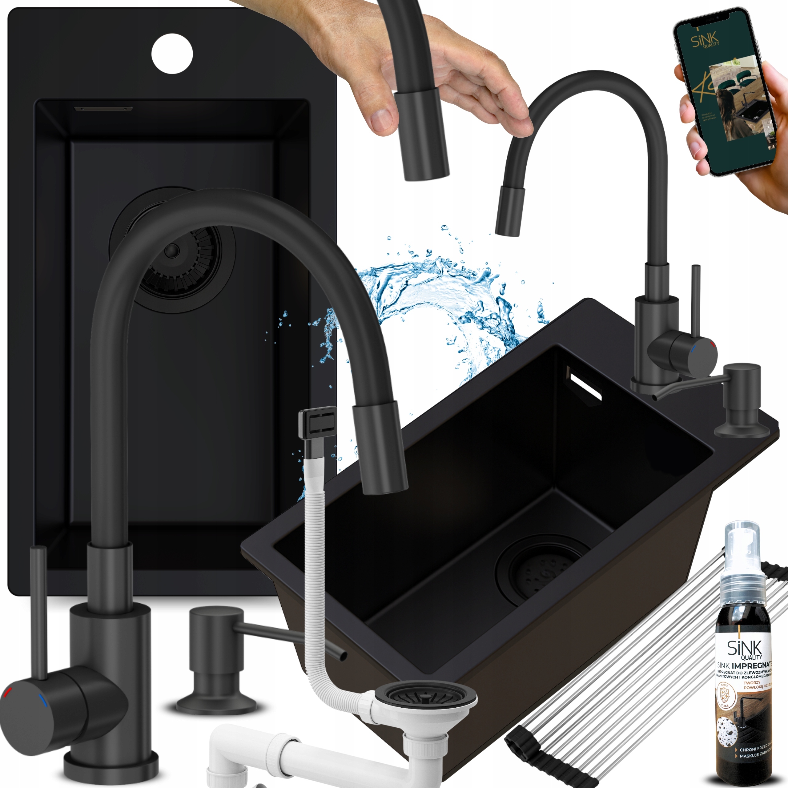 Dřez Jednokomorový granitový černý s flexibilní baterií Malý Úzký