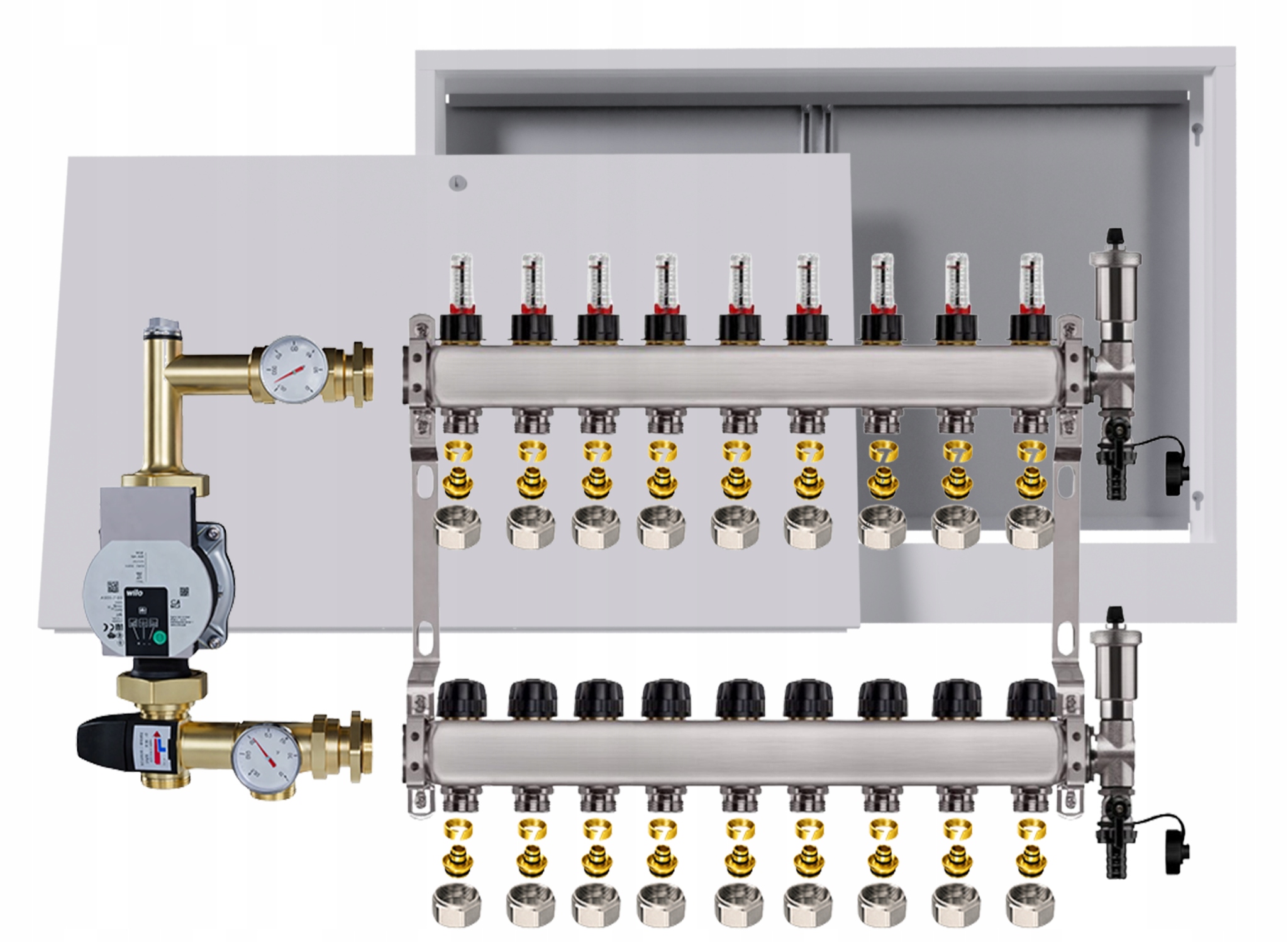Rozdělovač pro podlahovku Nerezový 9 s boxem Pumpa Wilo Spojky