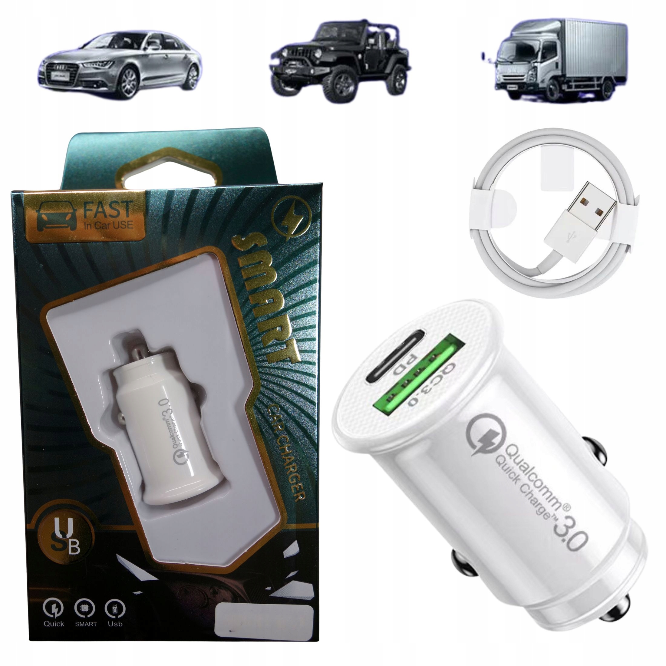 SZYBKA ŁADOWARKA SAMOCHODOWA DO TELEFONU MOBILNA NA TRASE USB iPHONE iOS