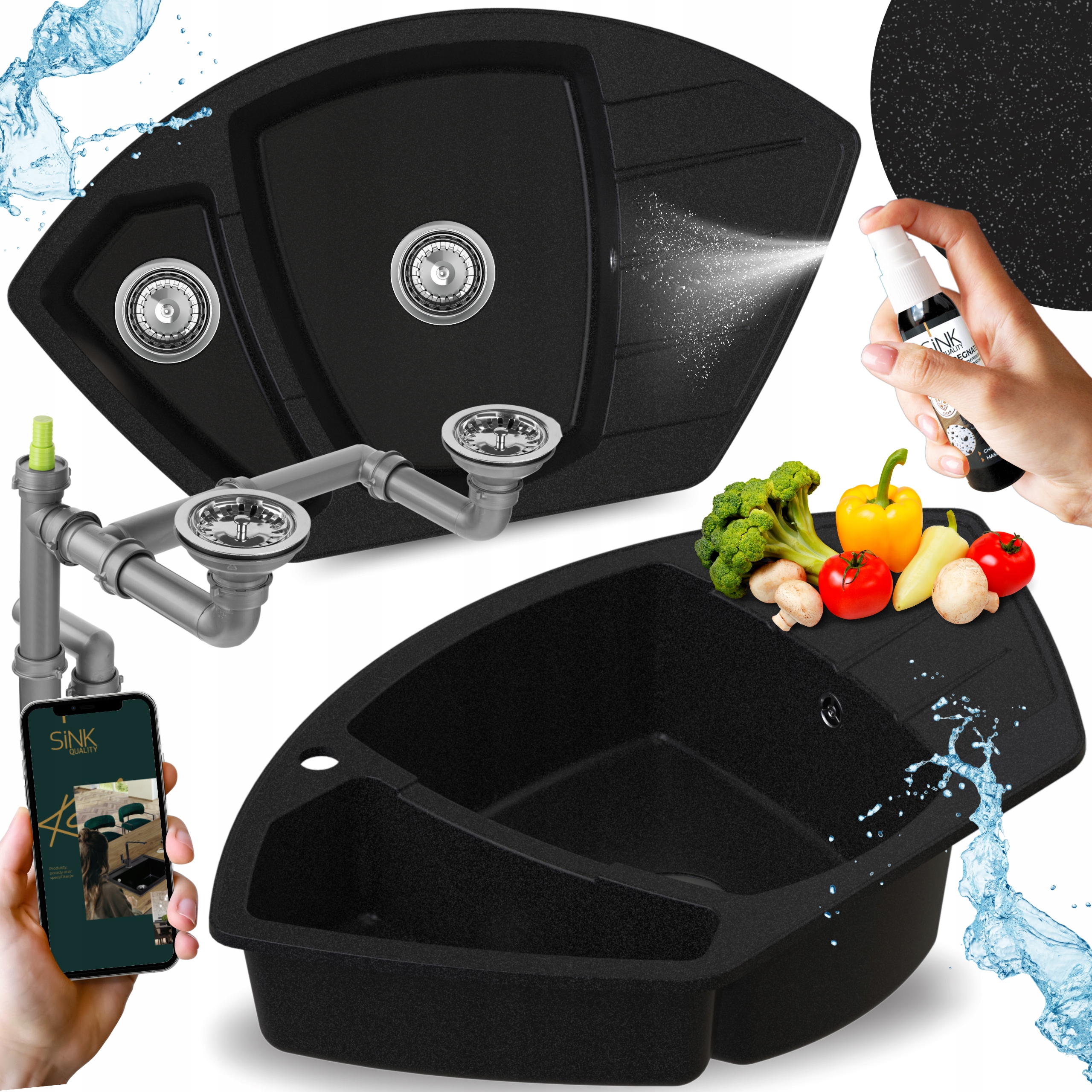 Dřez dřez černý skvrnitý Granitový dvoukomorový Kuchyňský