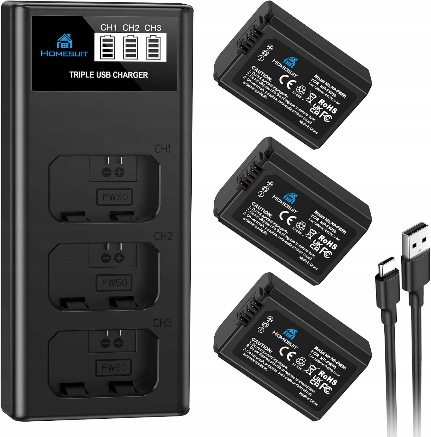 Homesuit NP-FW50 3x bateria 1300mAh LCD zestaw do Sony Alpha A6000, A6500 T