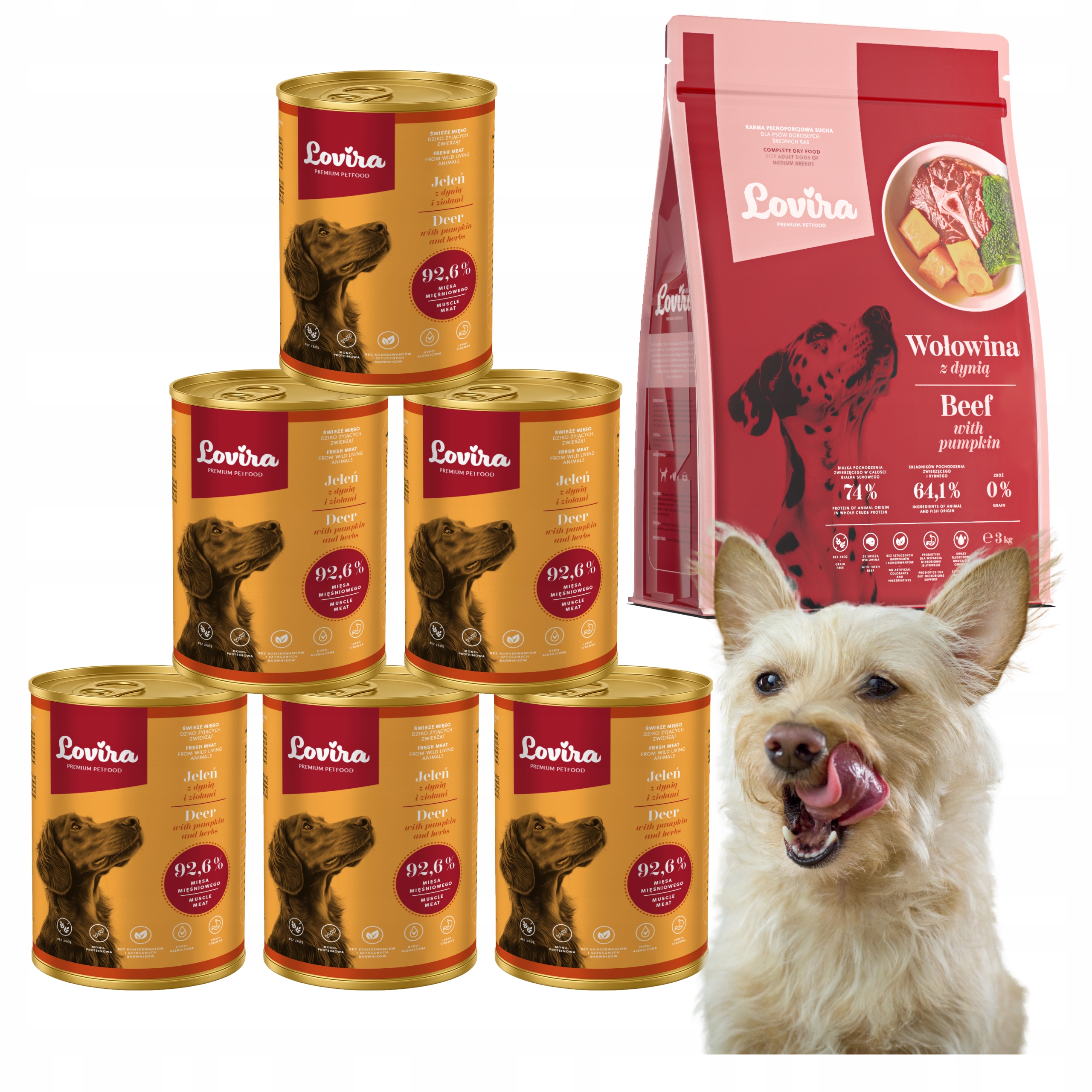 Krmivo Suché Hovězí Maso+ 6x Krmivo Vlhké Jelen 92,6% bezobilné Vitamíny