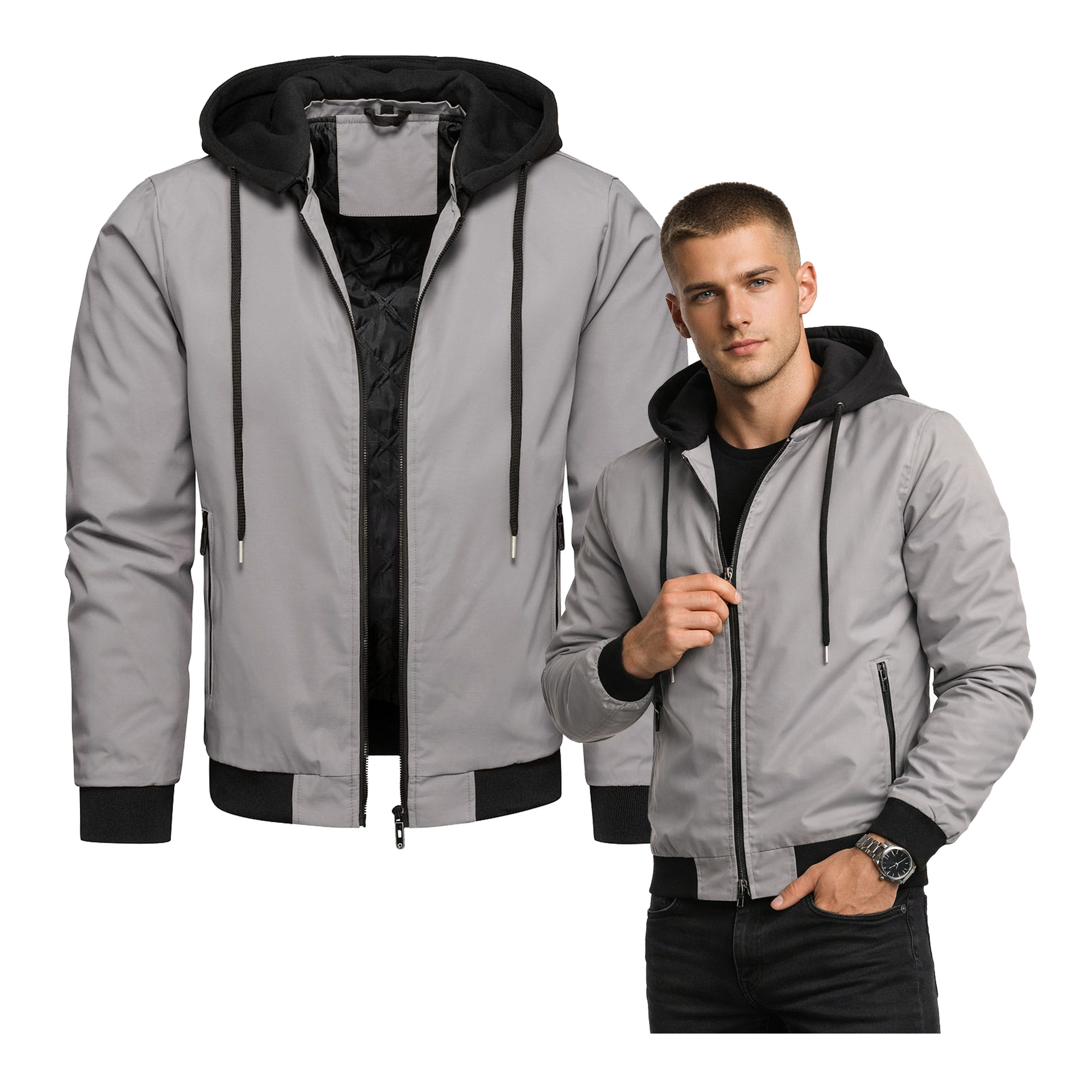 Pánská jarní bunda s větrovkou a přechodovým zipem a odnímatelnou kapucí L