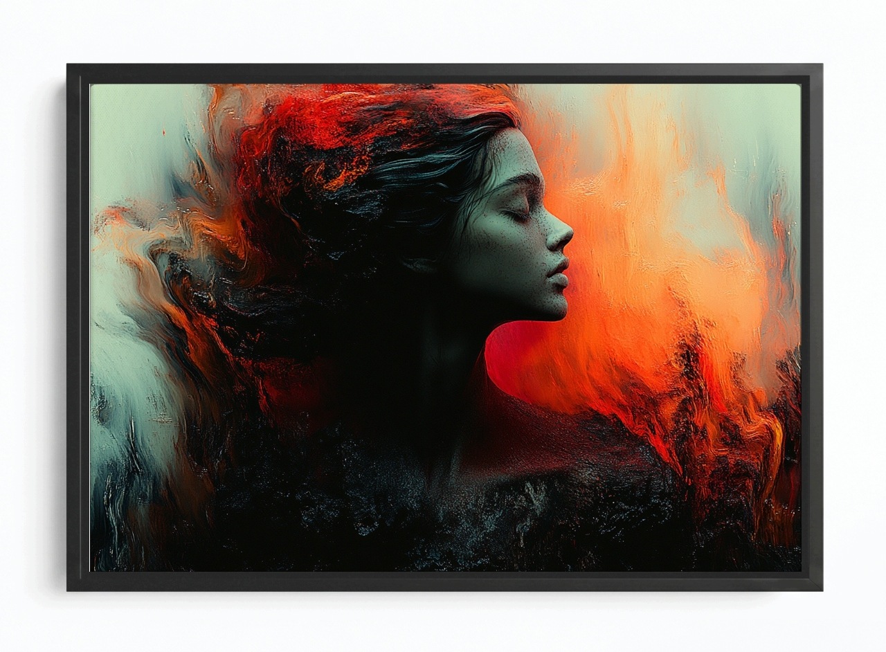 Obraz Rám Americká Krabička Žena Oheň Požár Plameny Dark Art 60x40