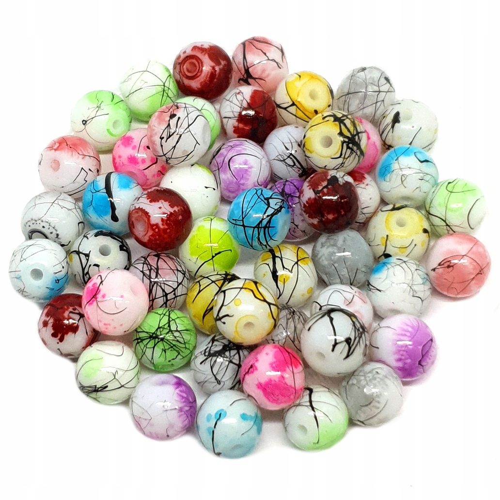Koraliki Szklane Plamiste Nakrapiane Nici 8mm Kulki Mix 50szt