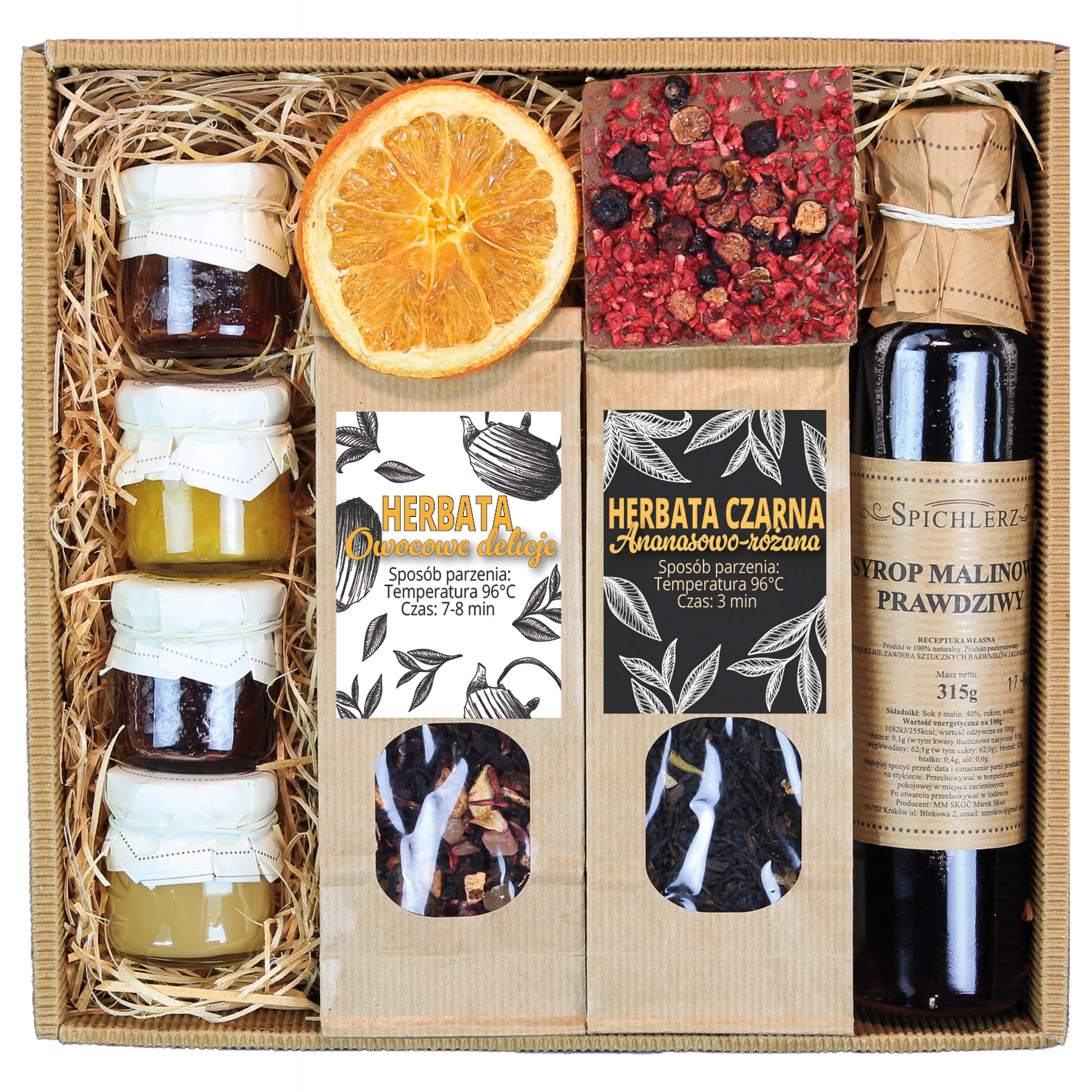 Zestaw Kosz Prezentowy Kraftowy Box Upominki Herbaty Syrop Miód