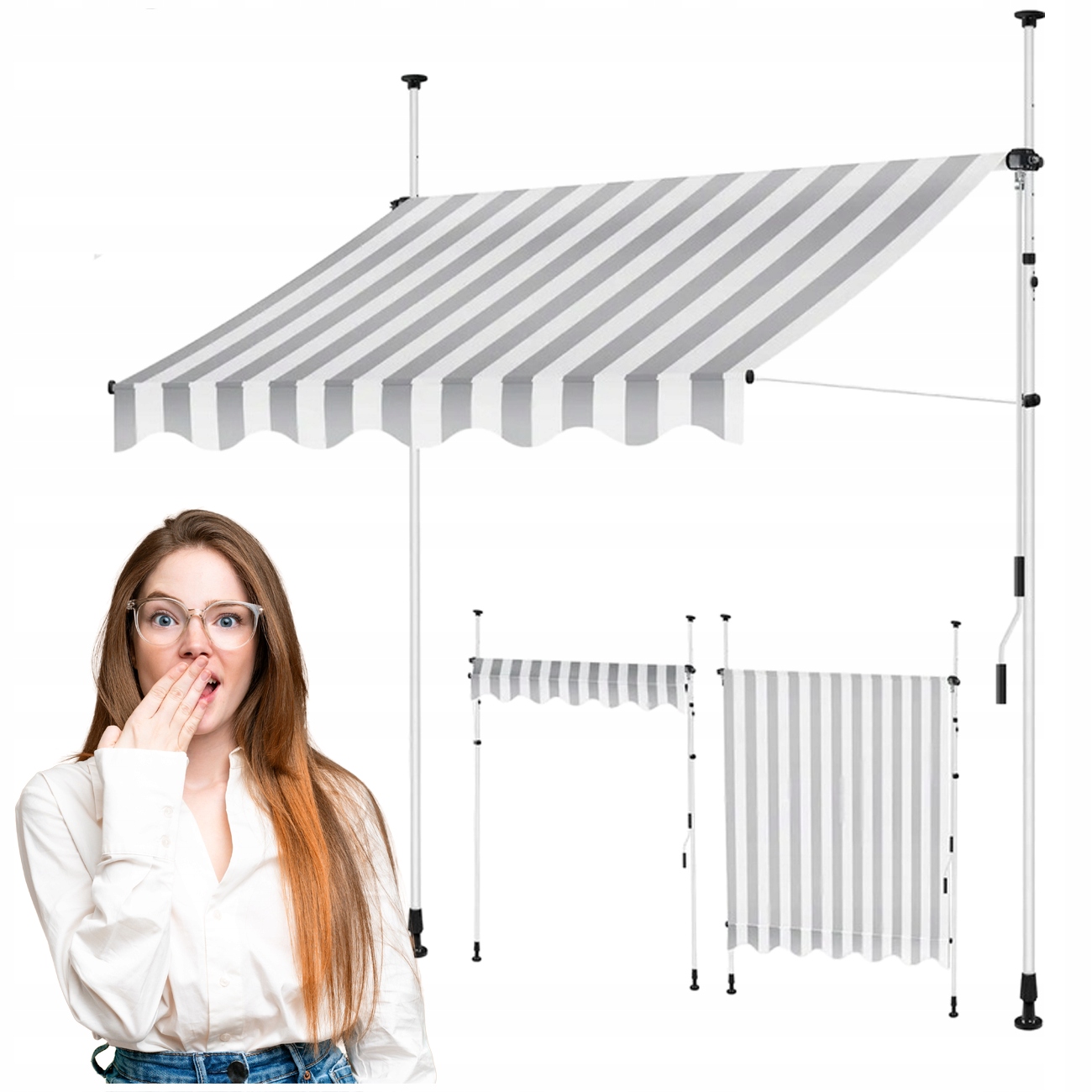 Balkónová Markíza So Svorkou A Ručnou Kľukou Bez Vŕtania, Bielo-šedá