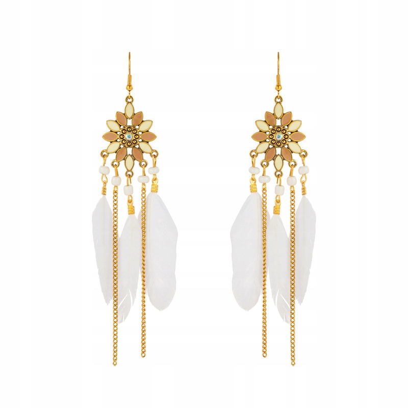 

Kolczyki Boho z białymi piórkami łańcuszki długie