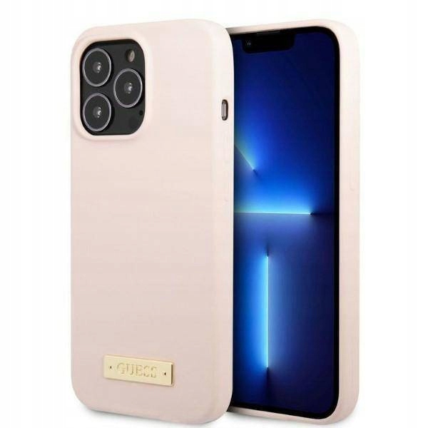Pouzdro pro iPhone 13 Pro Max Guess Silicone Logo Plate MagSafe růžové
