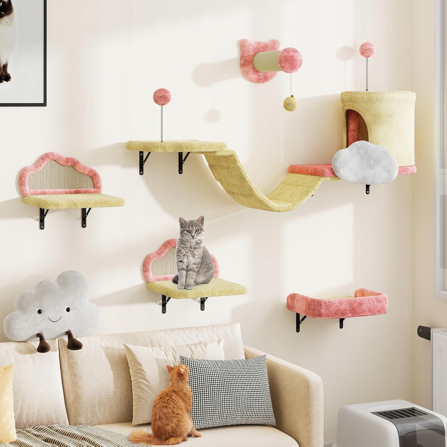 Ścianka wspinaczkowa dla kotów różowa z domkiem i mostem zestaw Yitahome