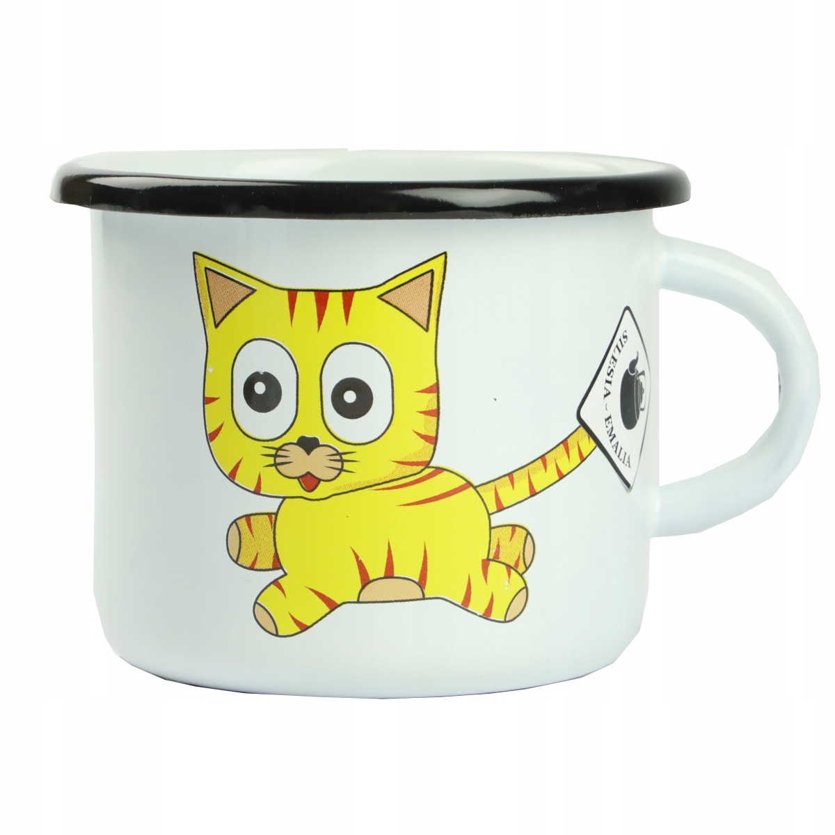 KUBEK EMALIOWANY 500ML Z UCHEM 9CM WZÓR KOTEK KRZYŚ DO KAWY HERBATY