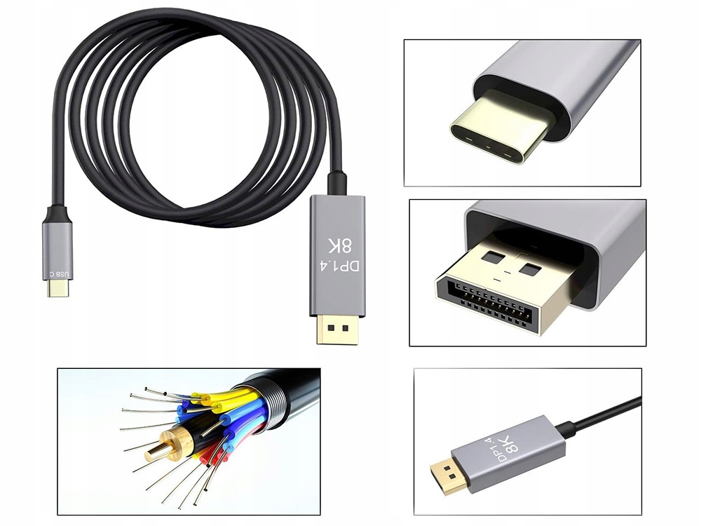 Kabel przewód displayport usb typ-c 1.4 video audio 8k 4k 2k 1,8m Złącza DisplayPort - USB typ C