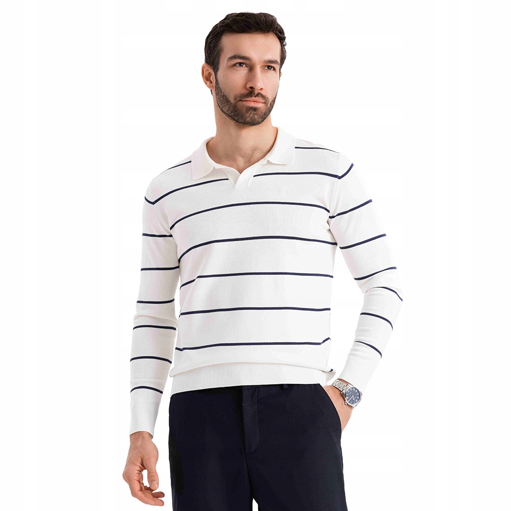 Pánské polo s dlouhým rukávem s viskózou, proužky bílo-modré OM-POLS-0146 V2, vel. M