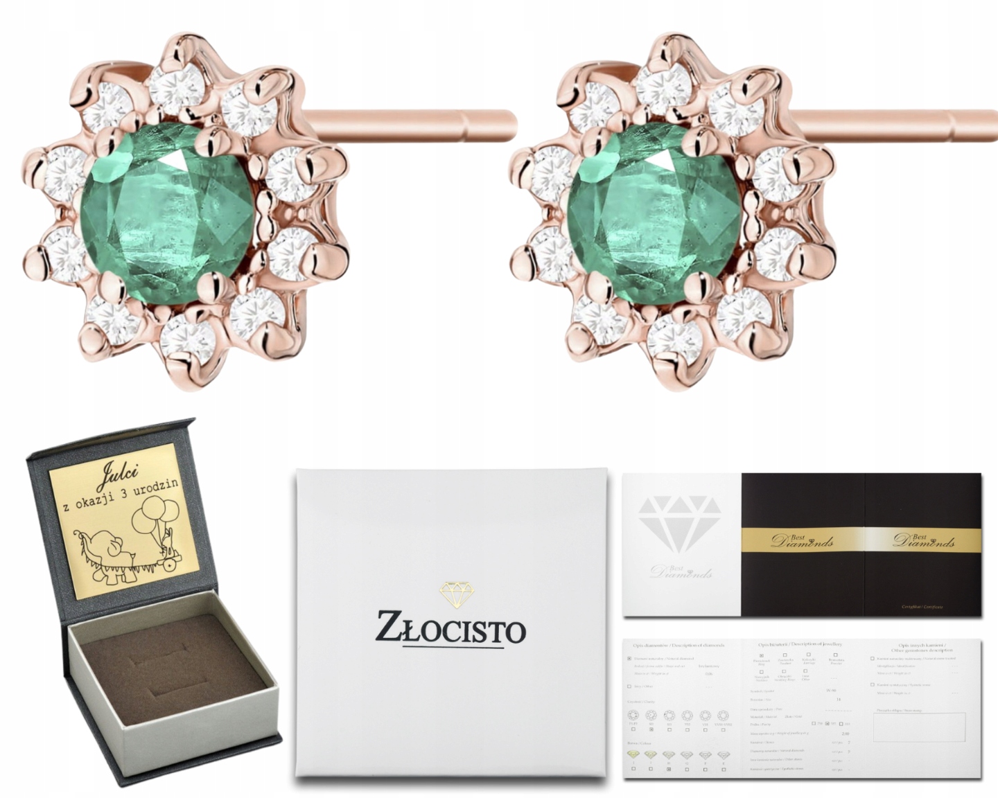 Růžové Náušnice S Přírodním Zeleným Smaragd A Diamanty Dárek